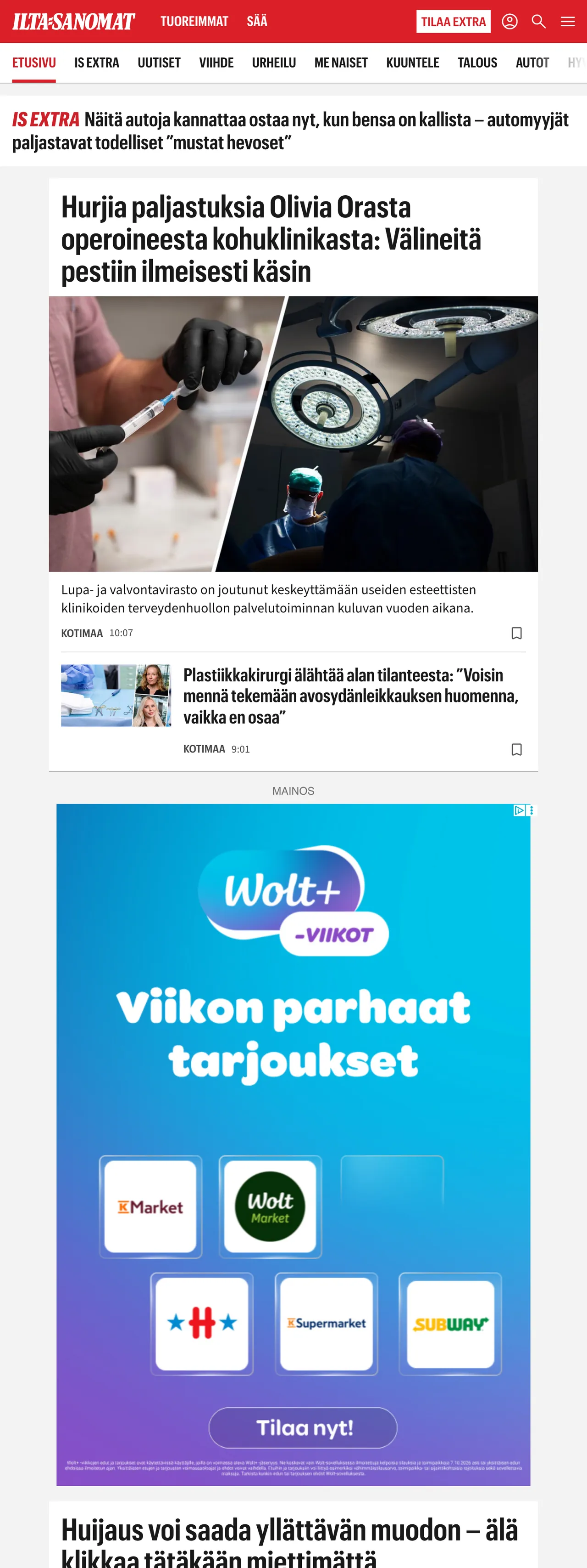 Screenshot of the Ilta-Sanomat front page
