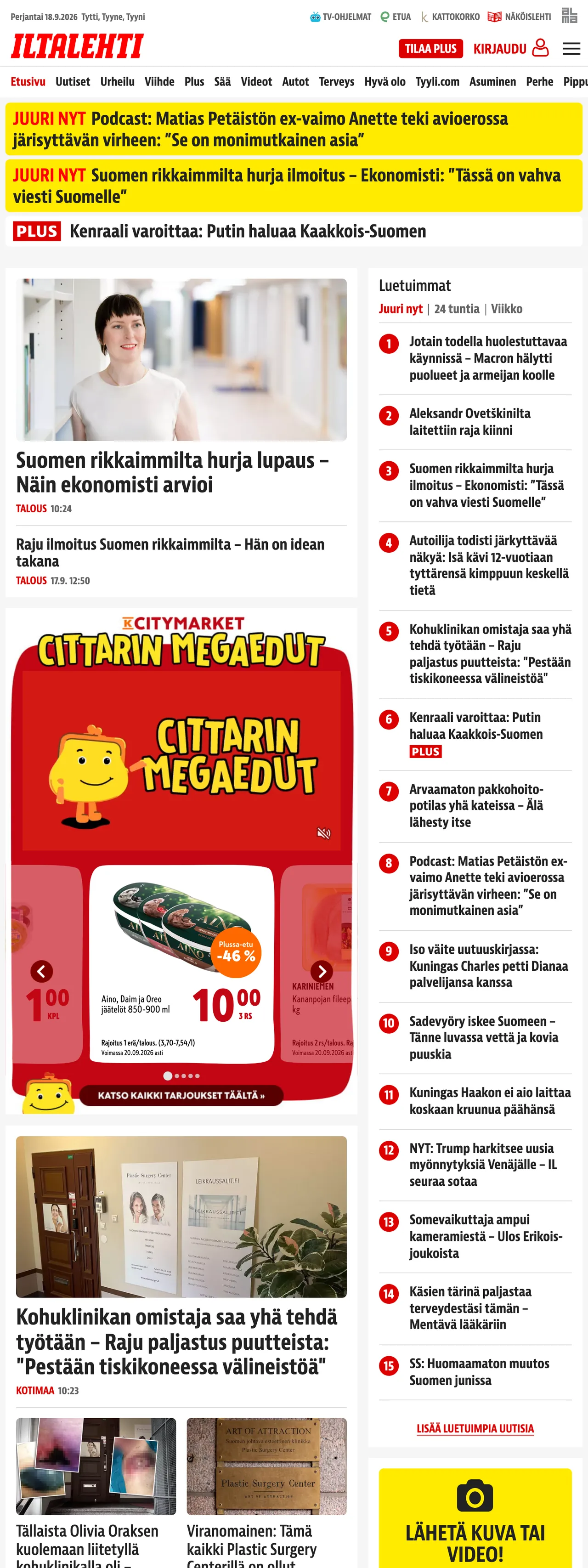 Screenshot of the Iltalehti front page