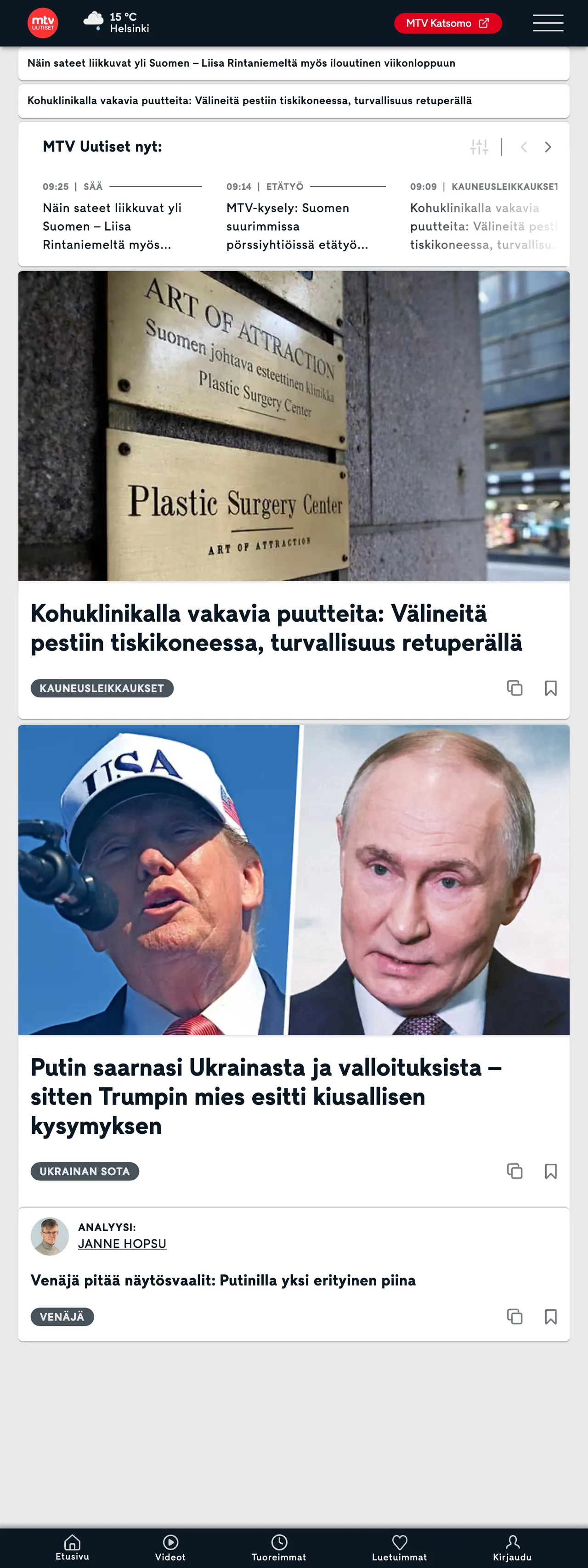 Screenshot of the MTV Uutiset front page