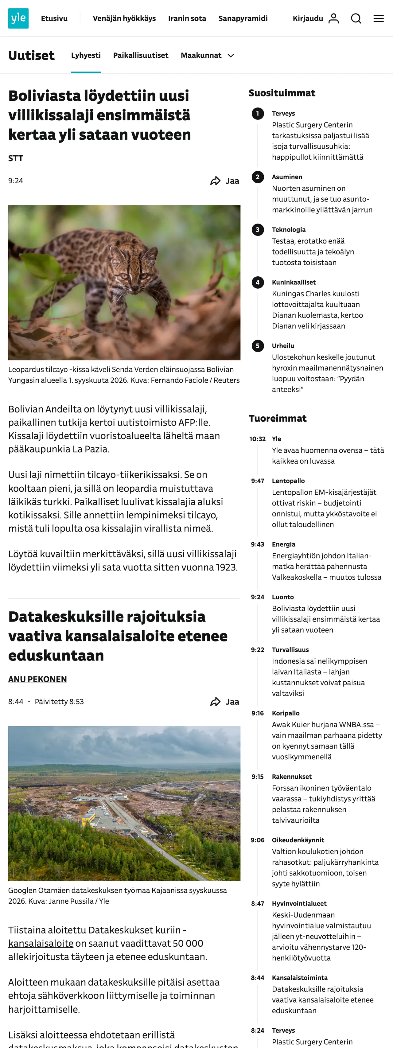 Screenshot of the Yle front page