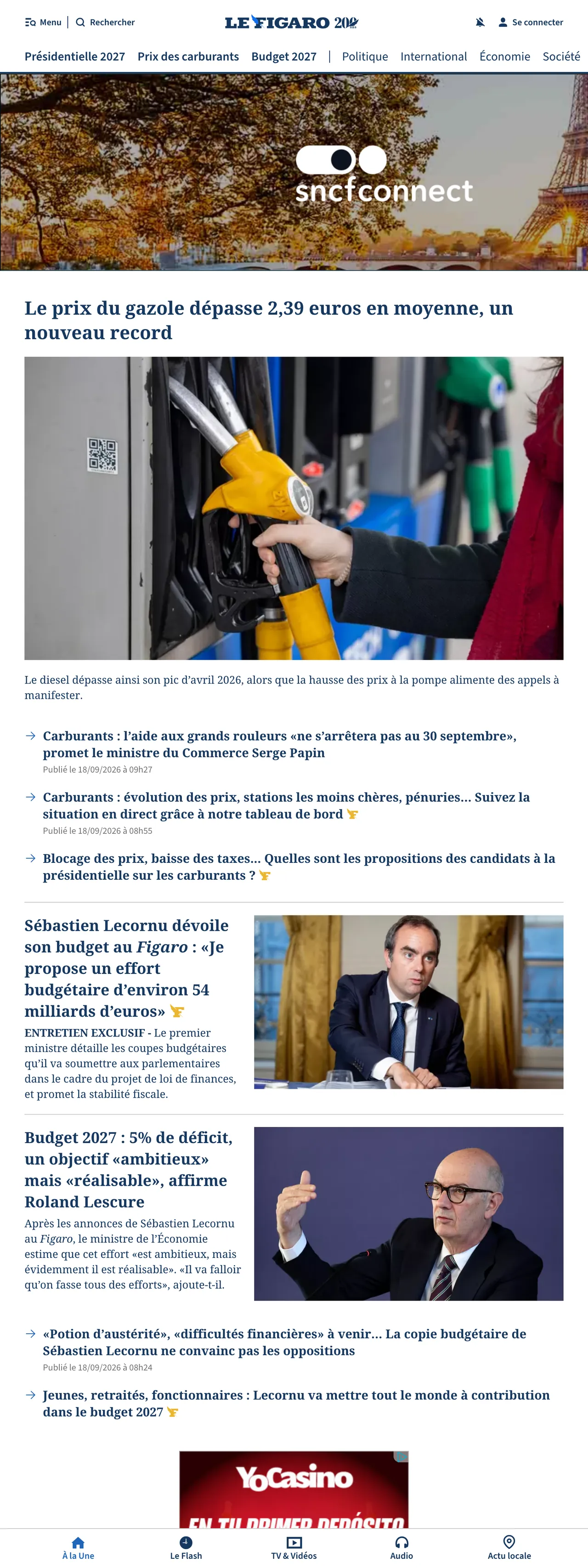 Screenshot of the Le Figaro front page