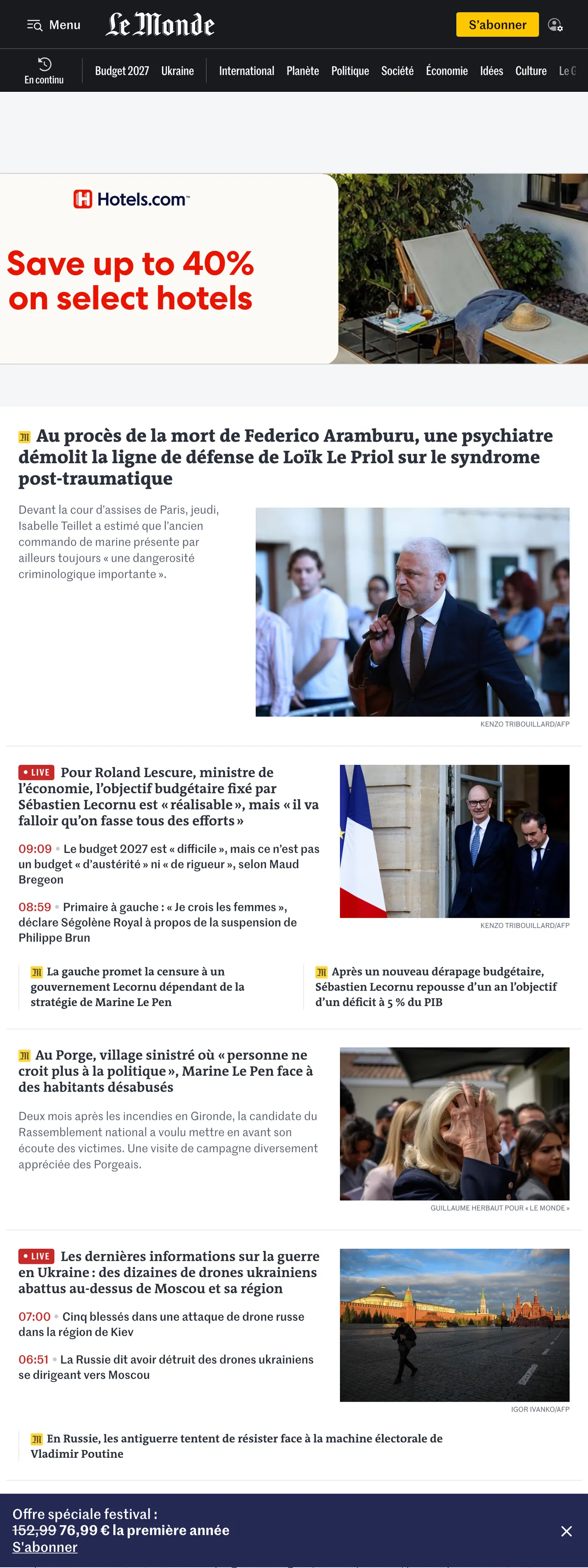 Screenshot of the Le Monde front page