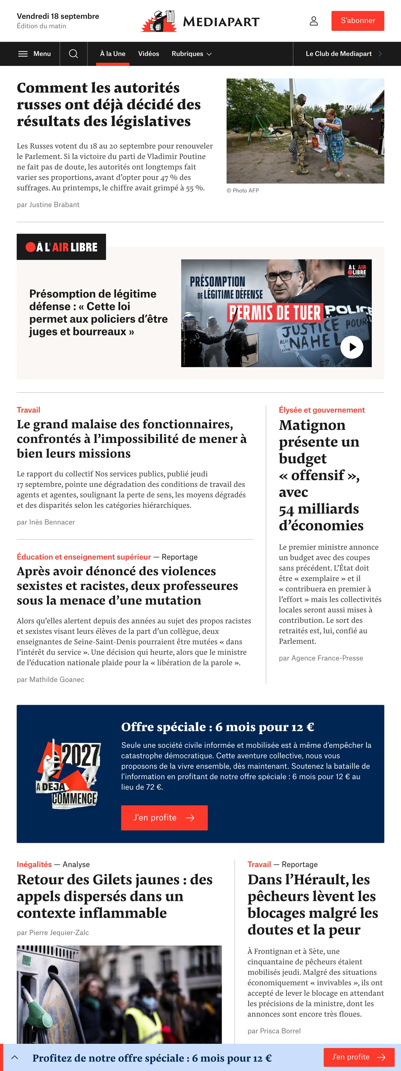 Screenshot of the Mediapart front page