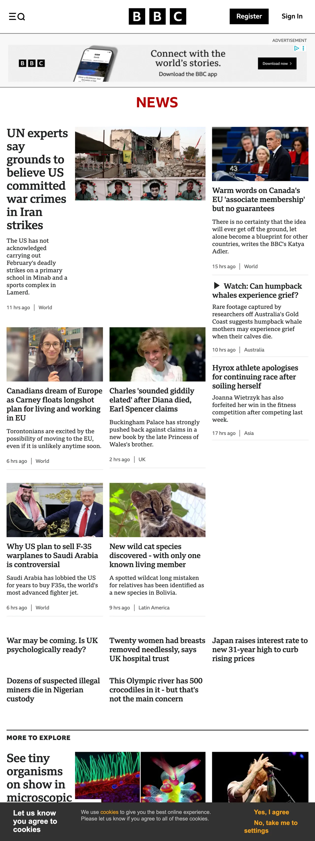 Screenshot of the BBC News front page