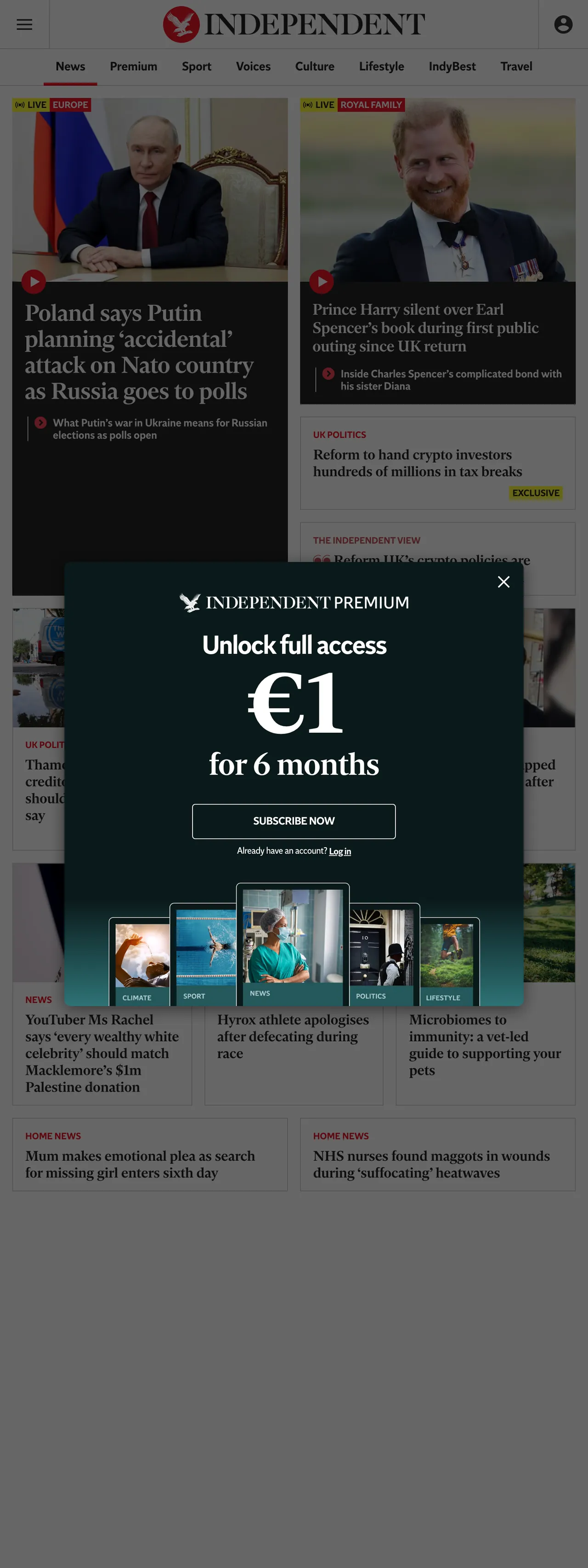 Screenshot of the The Independent front page