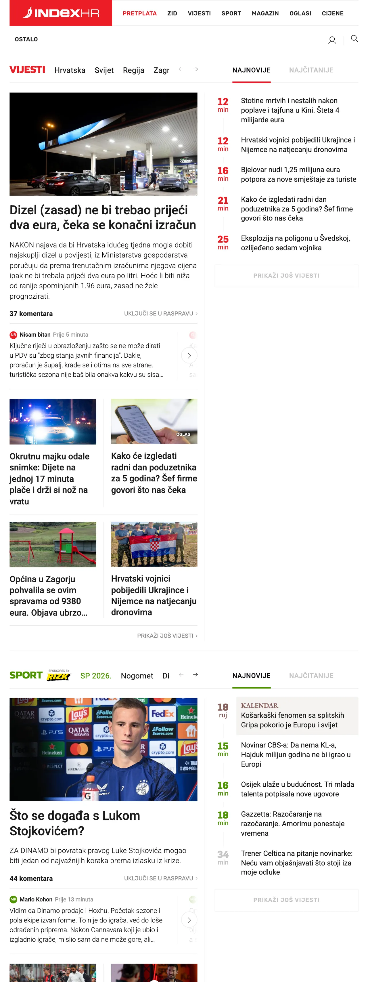 Screenshot of the Index.hr front page