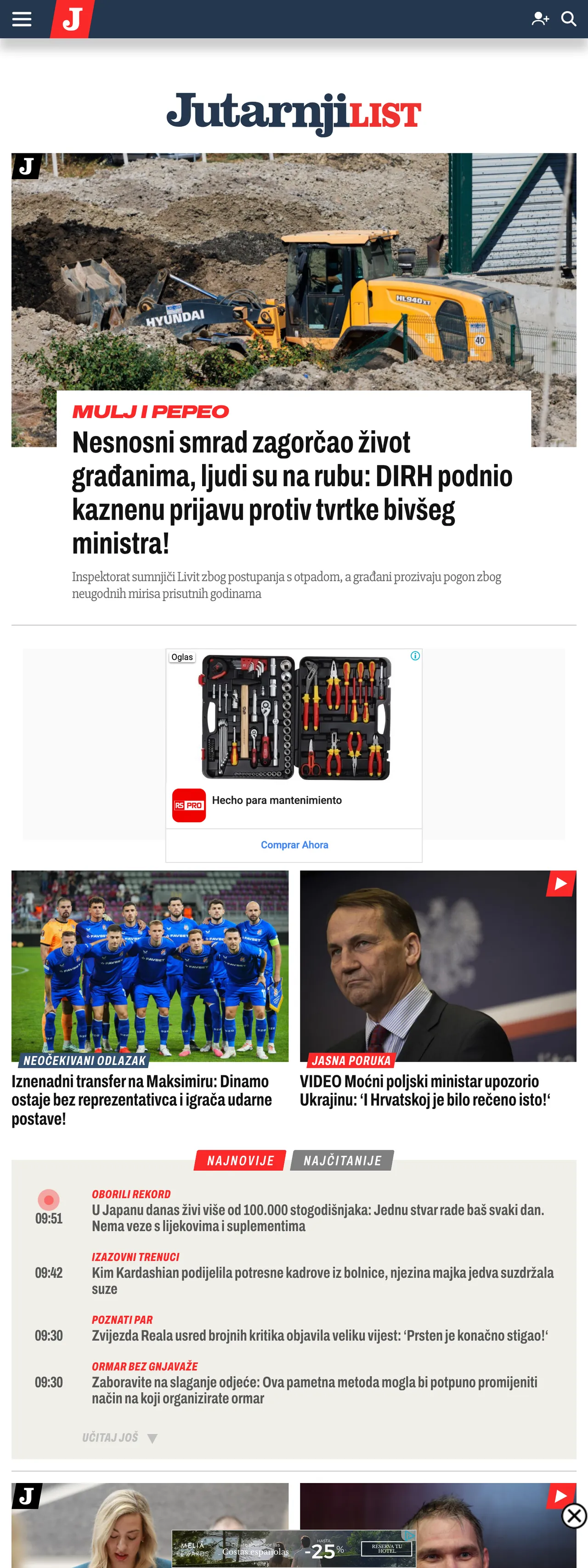 Screenshot of the Jutarnji list front page