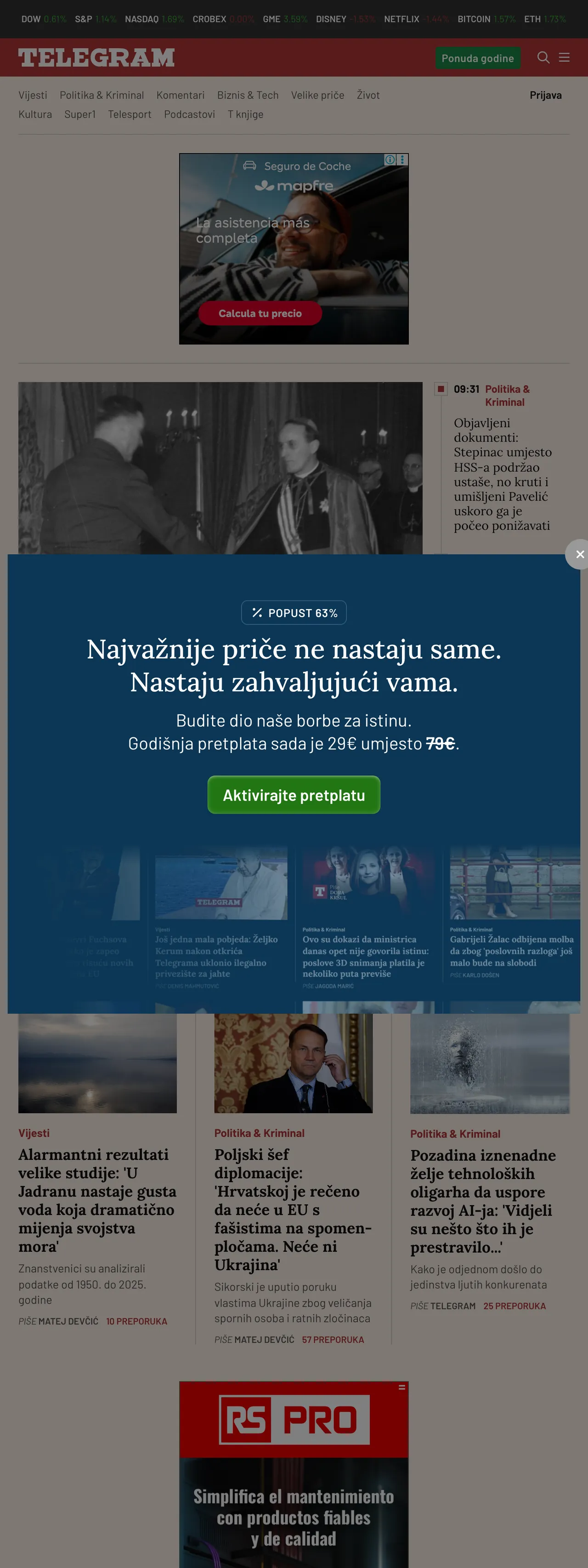 Screenshot of the Telegram.hr front page