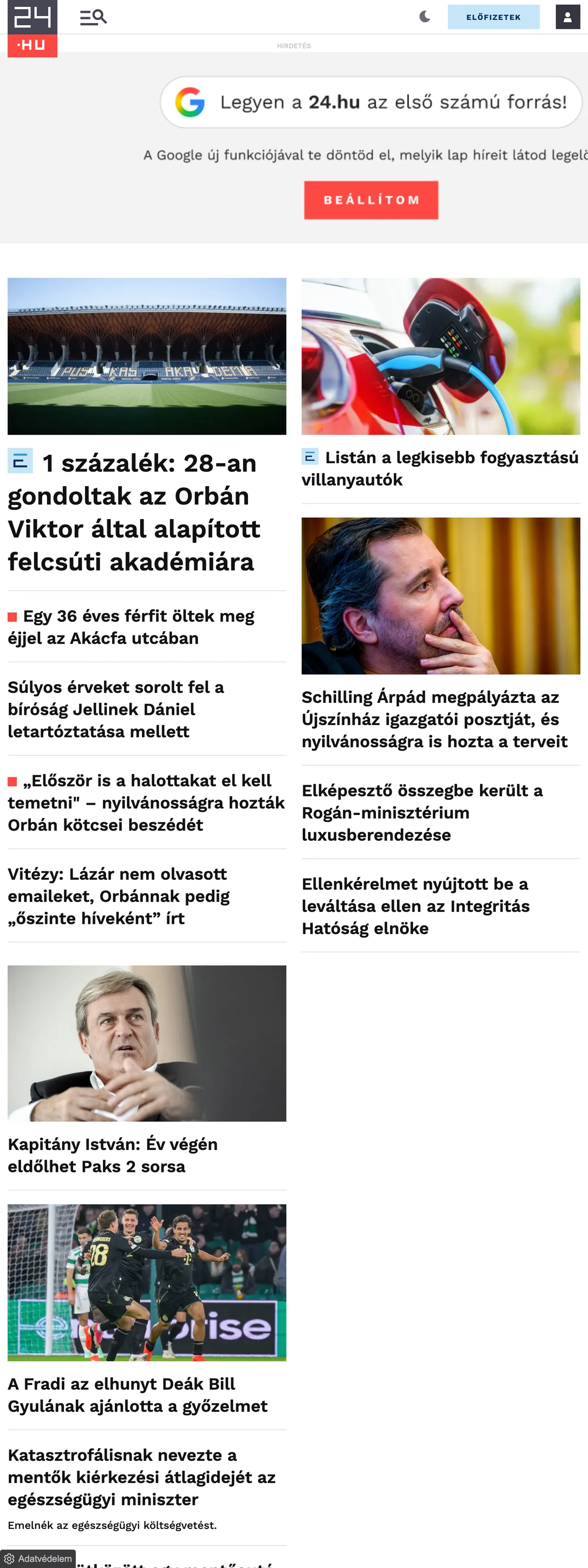 Screenshot of the 24.hu front page