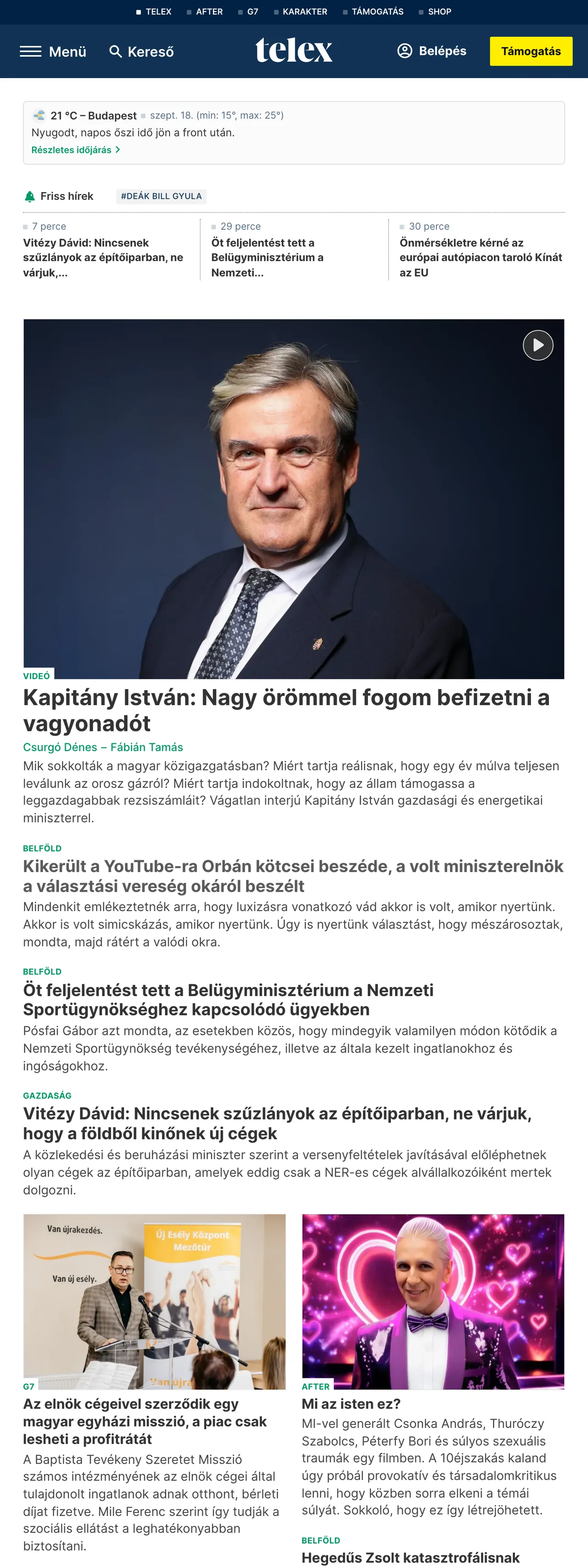 Screenshot of the Telex front page