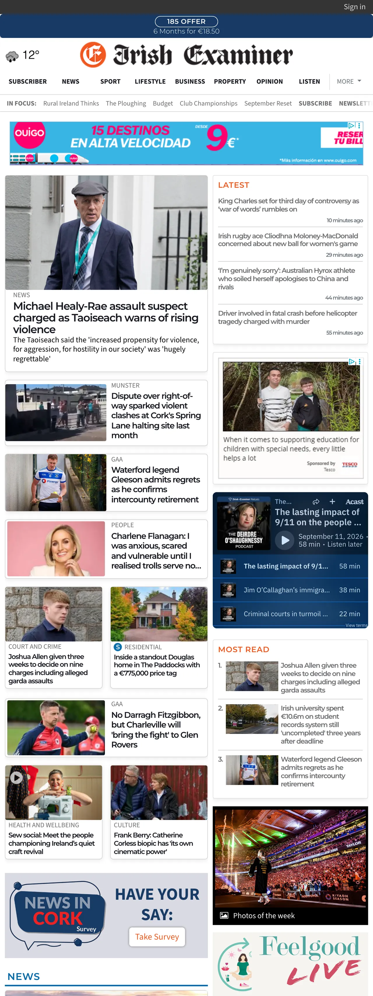 Screenshot of the Irish Examiner front page