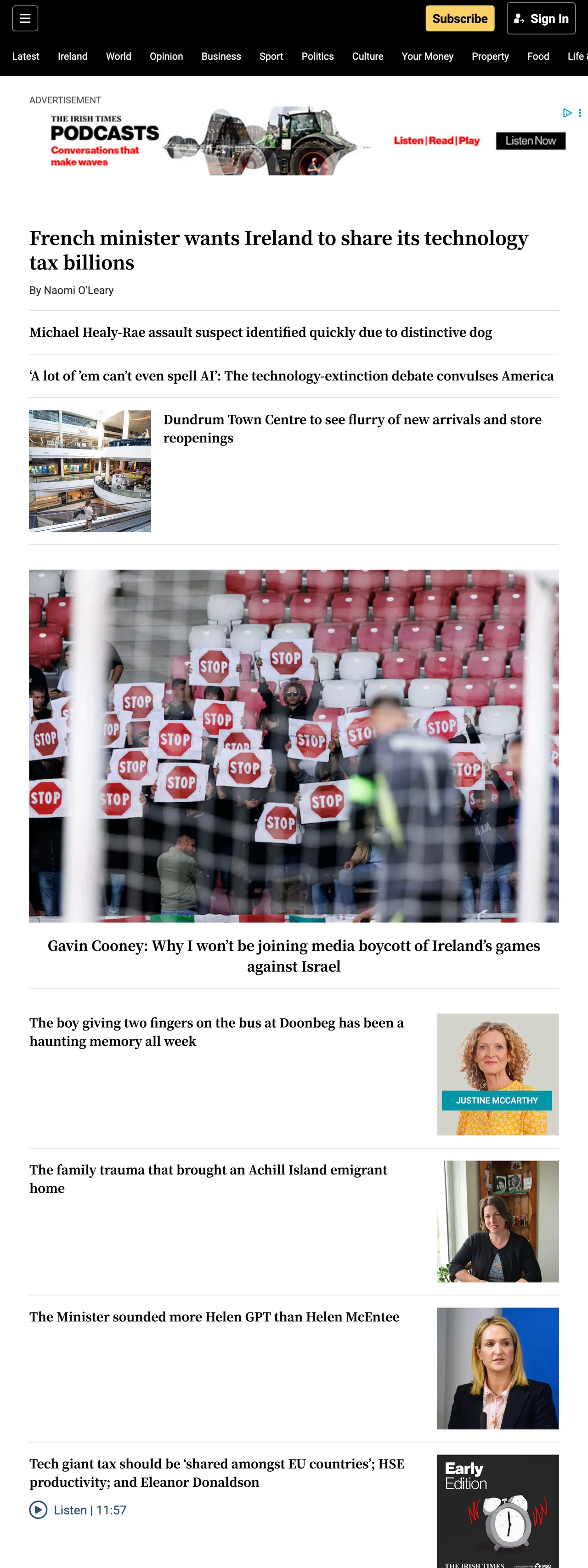 Screenshot of the The Irish Times front page