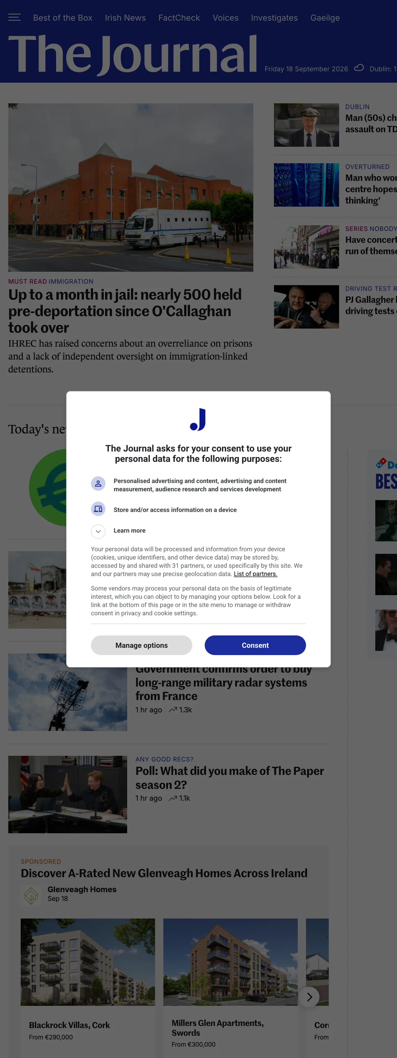 Screenshot of the TheJournal.ie front page