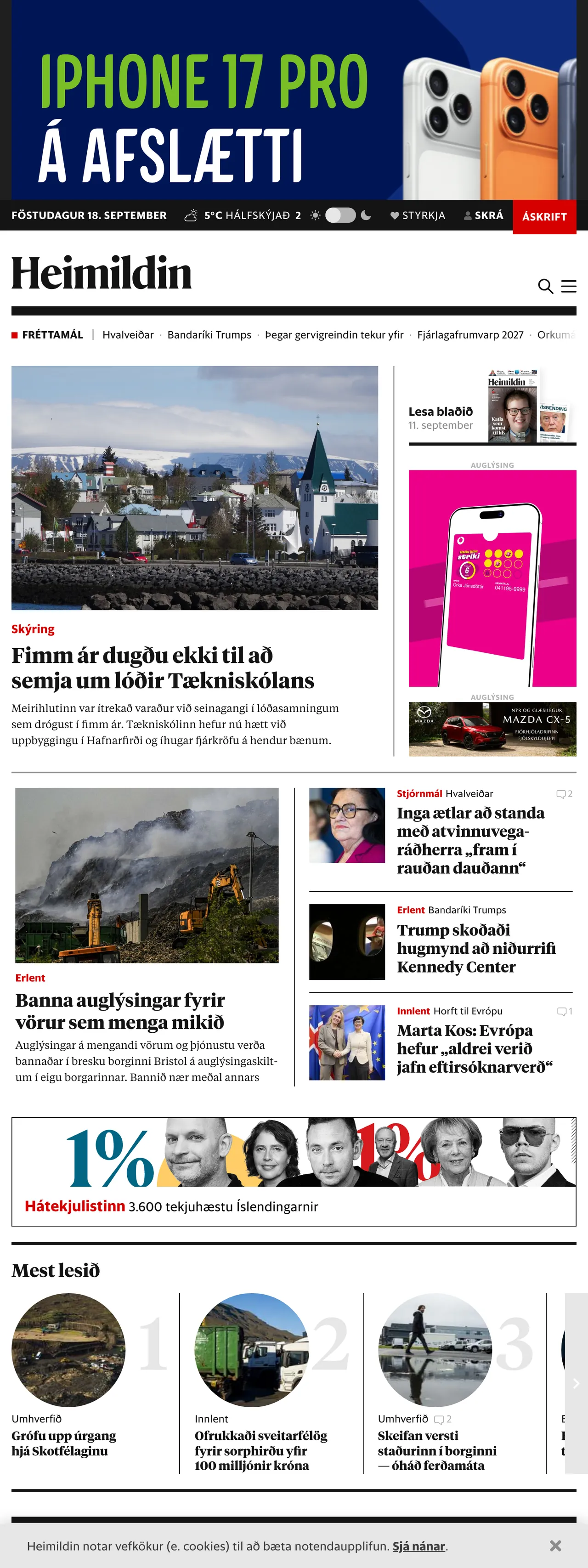 Screenshot of the Heimildin front page