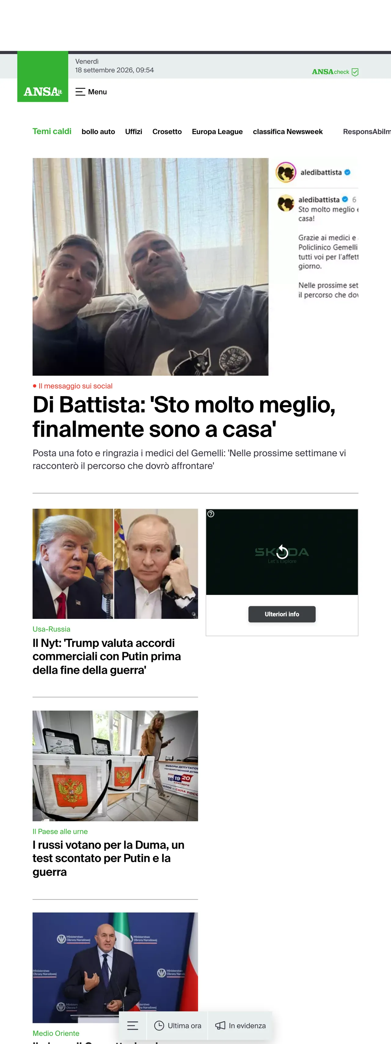 Screenshot of the ANSA front page