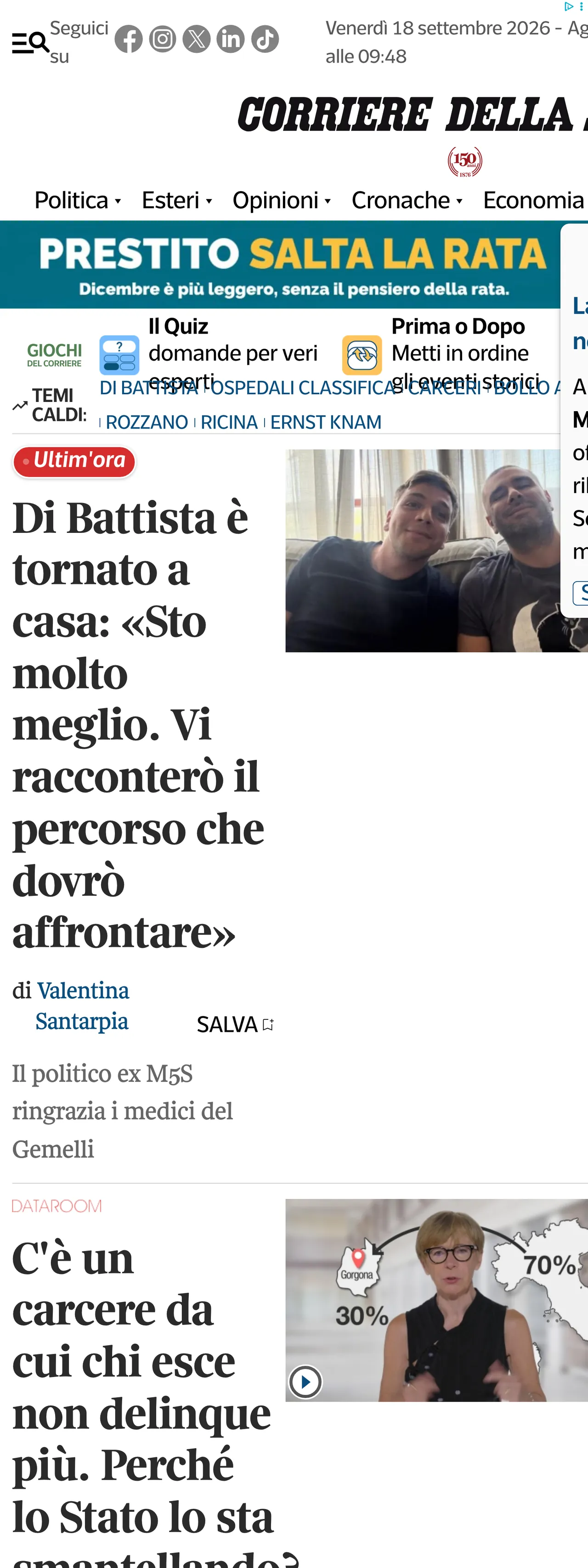 Screenshot of the Corriere della Sera front page