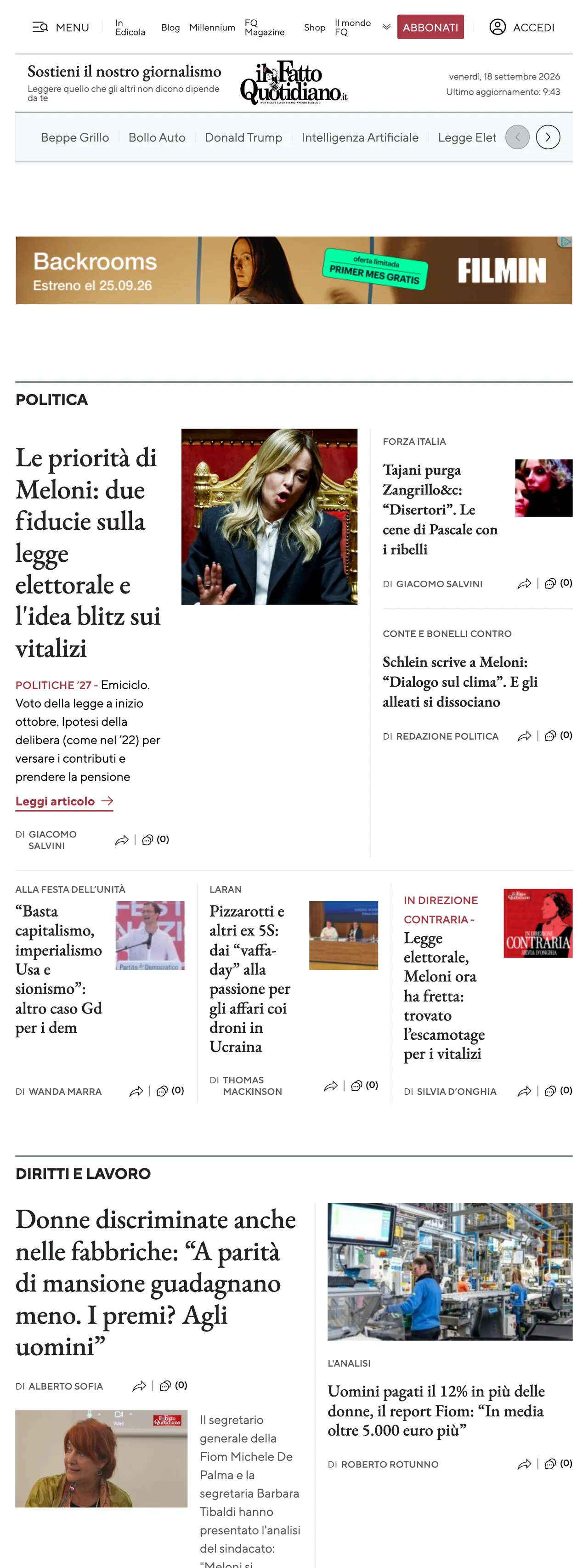 Screenshot of the Il Fatto Quotidiano front page