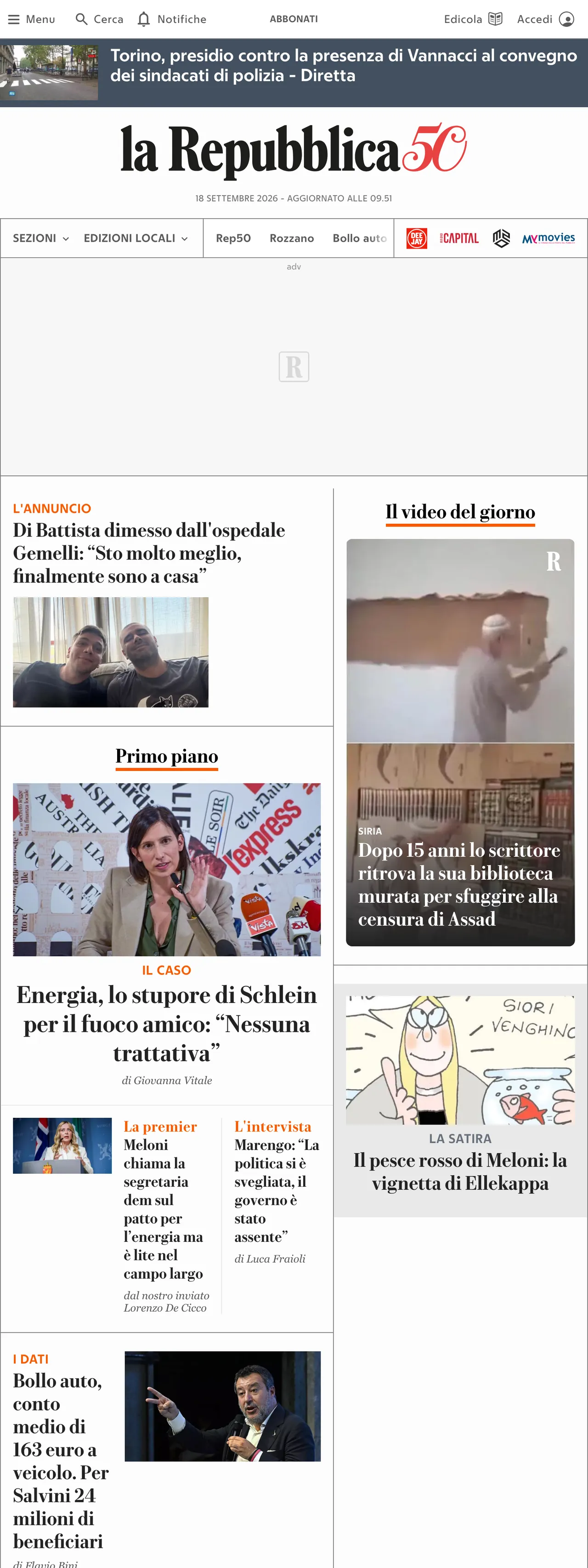 Screenshot of the la Repubblica front page