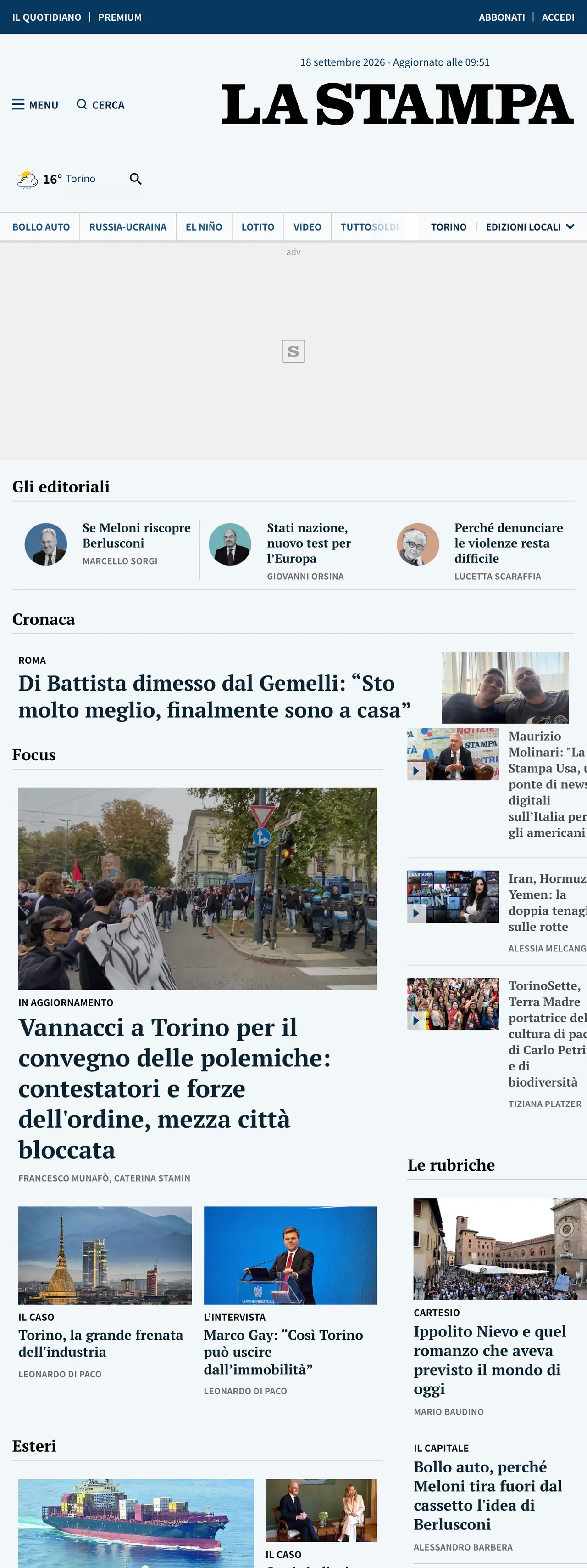 Screenshot of the La Stampa front page