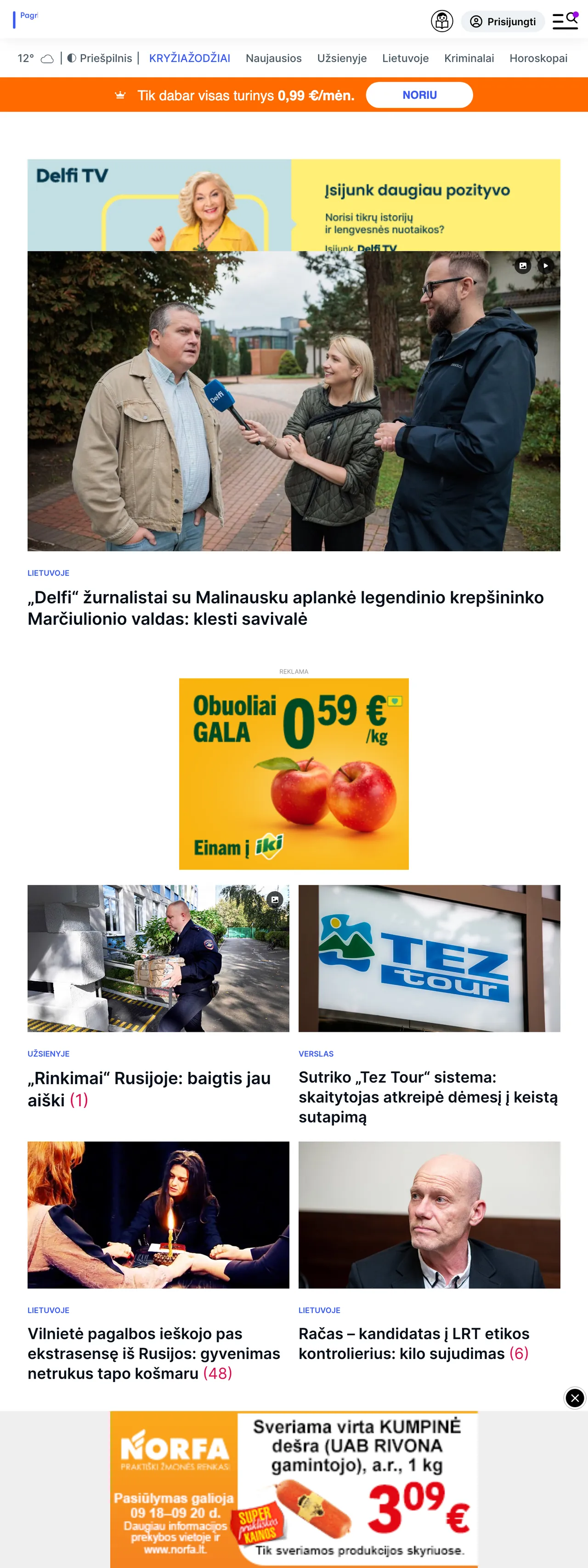 Screenshot of the Delfi front page