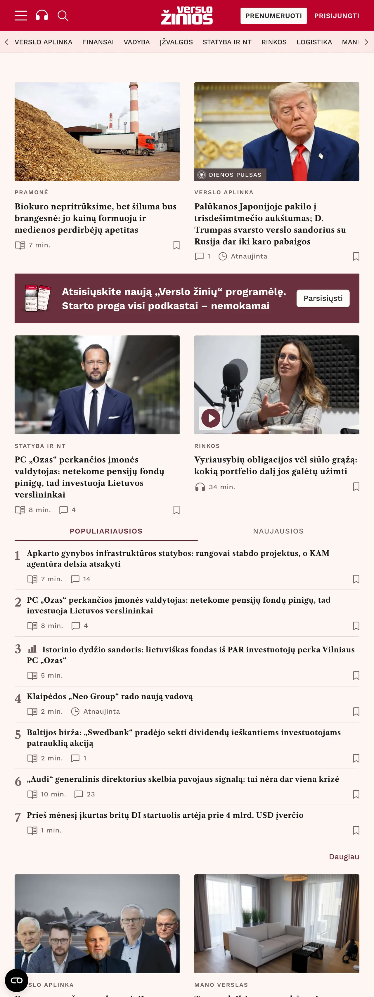 Screenshot of the Verslo žinios front page