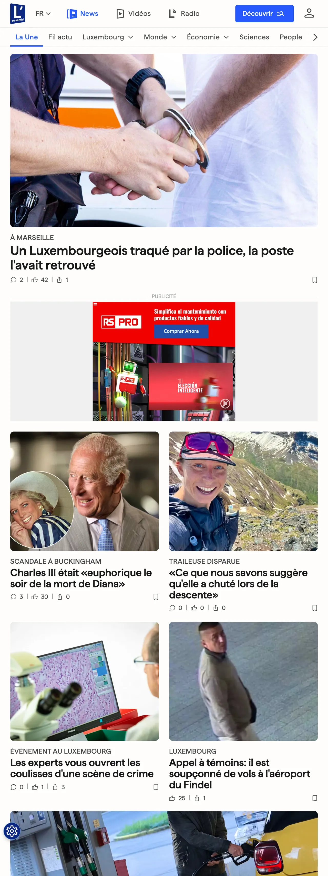Screenshot of the L'essentiel front page