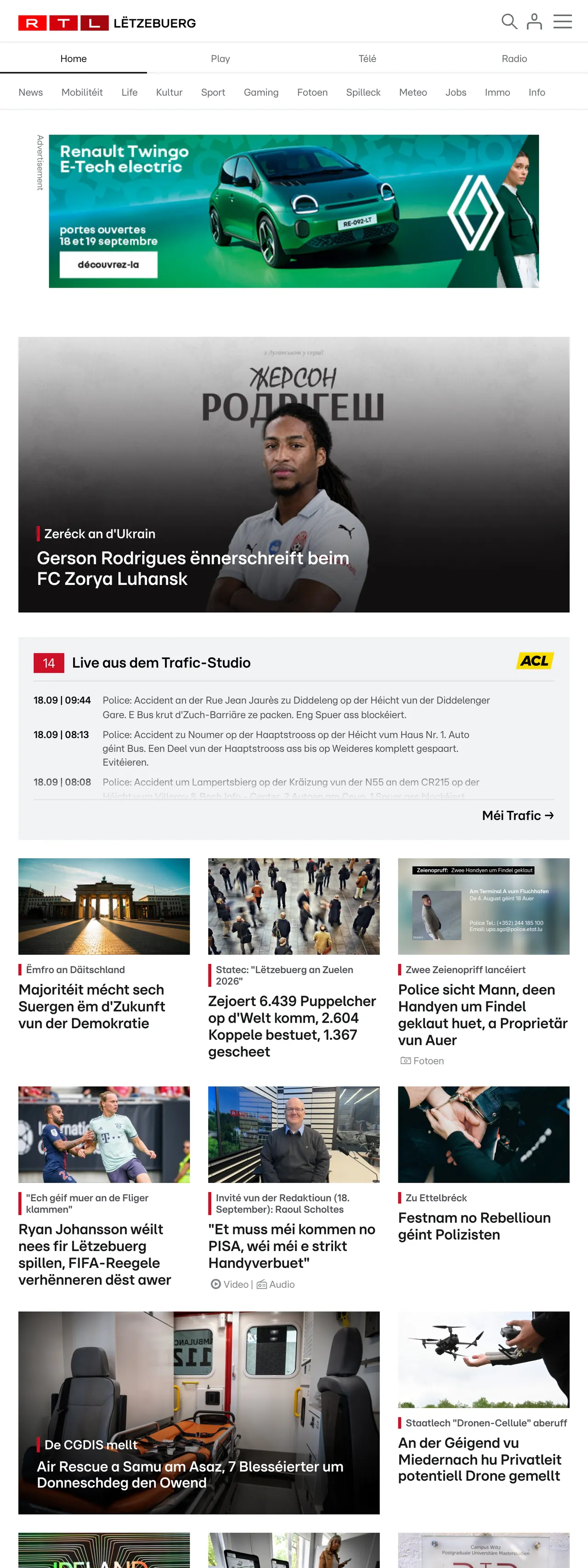 Screenshot of the RTL Lëtzebuerg front page