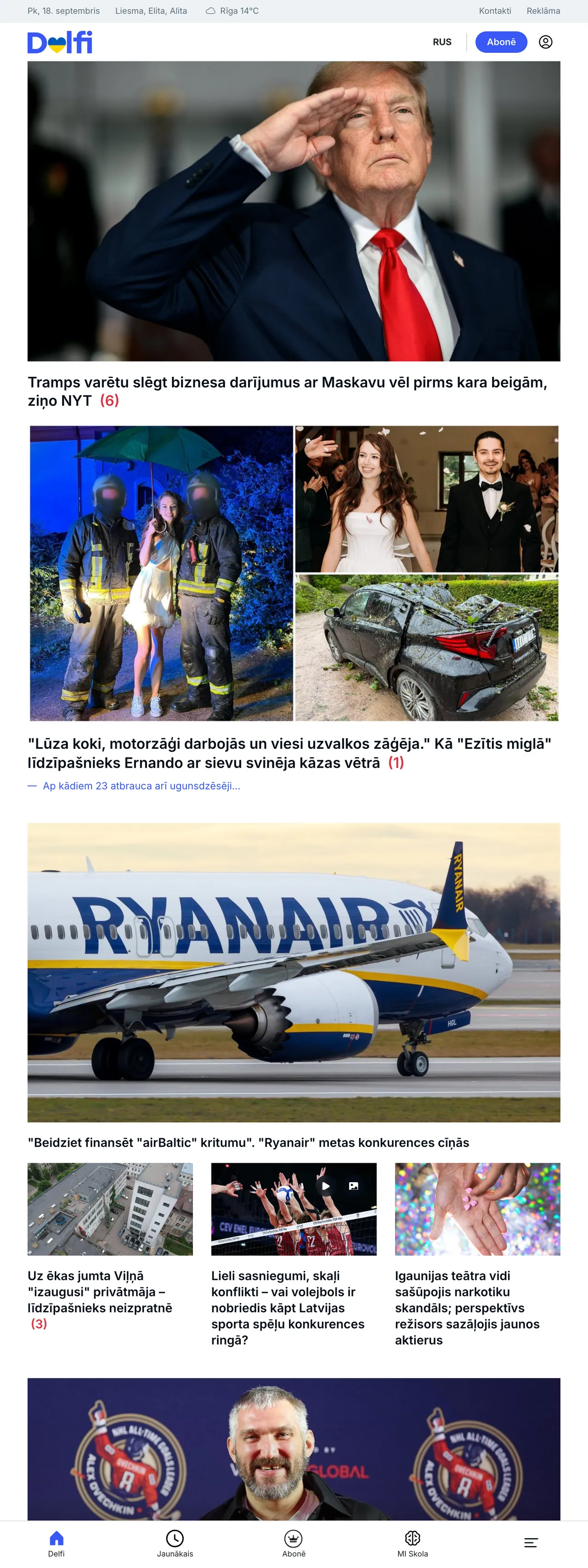 Screenshot of the Delfi front page