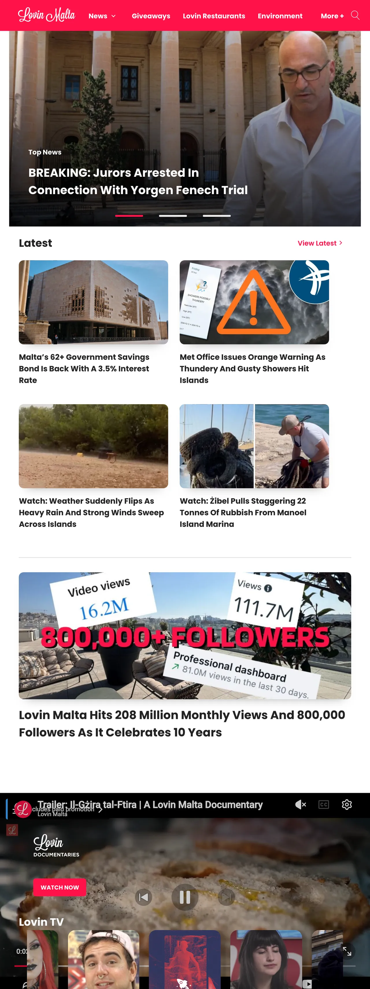 Screenshot of the Lovin Malta front page