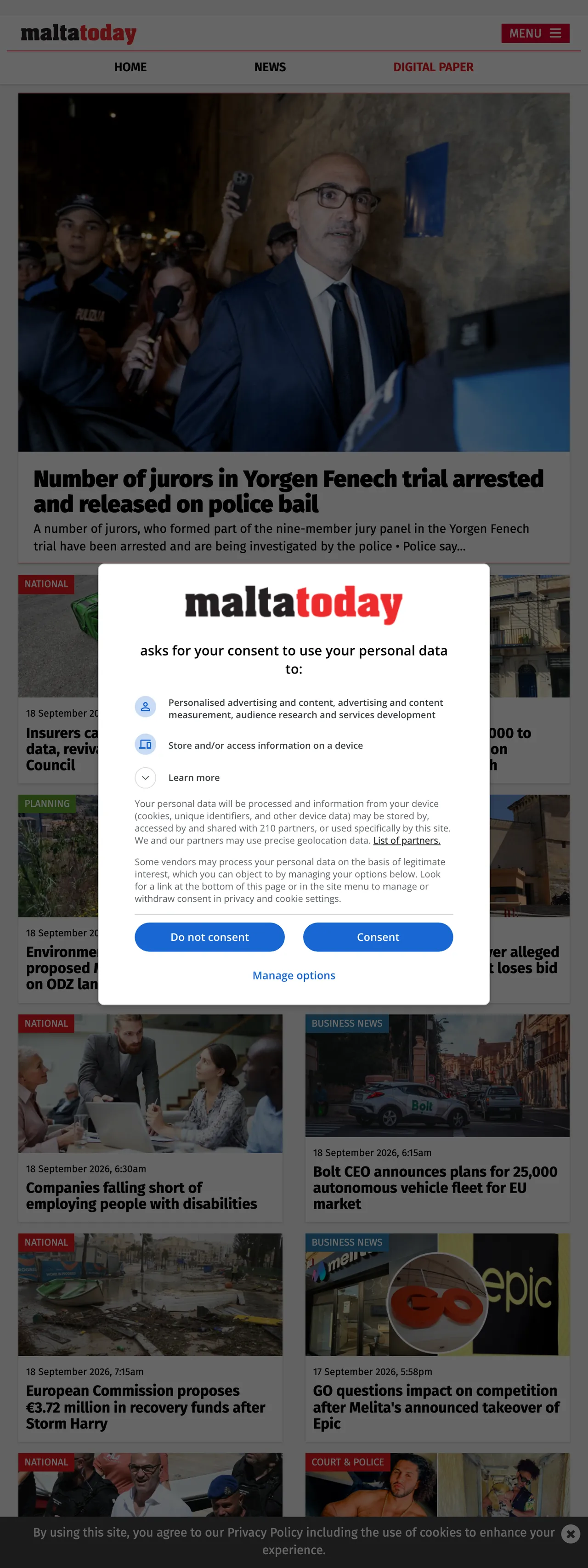 Screenshot of the Malta Today front page