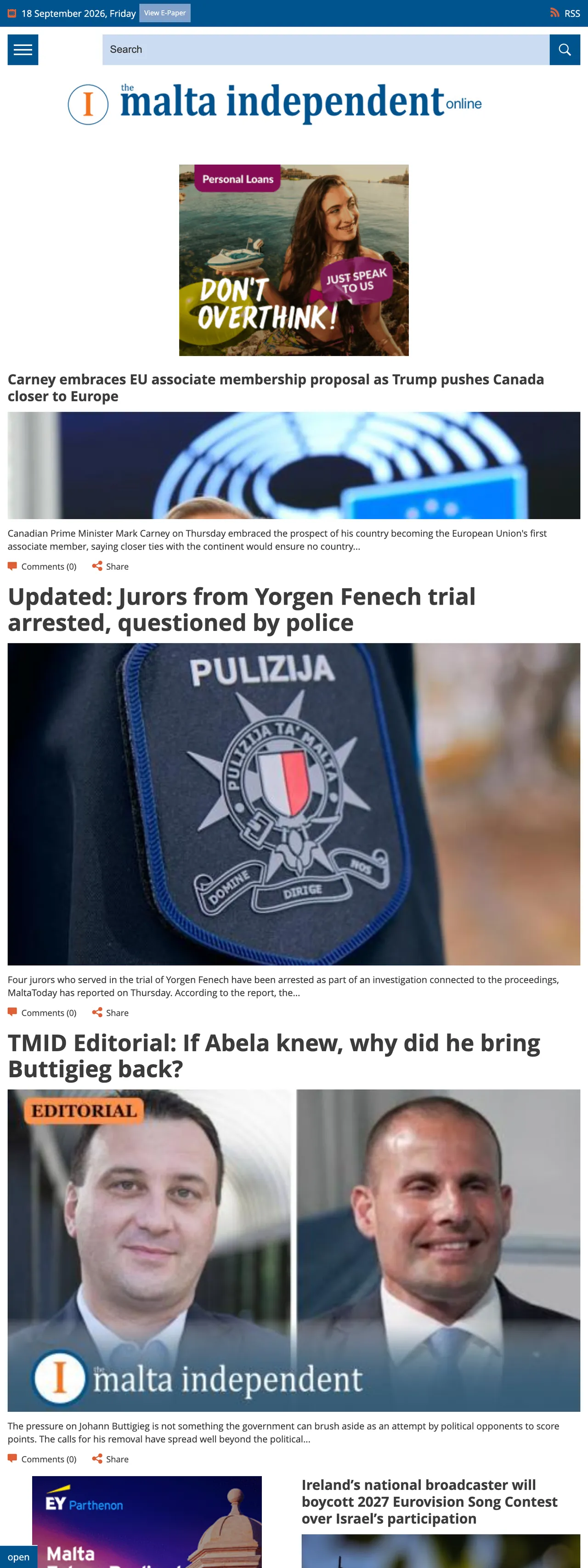 Screenshot of the The Malta Independent front page