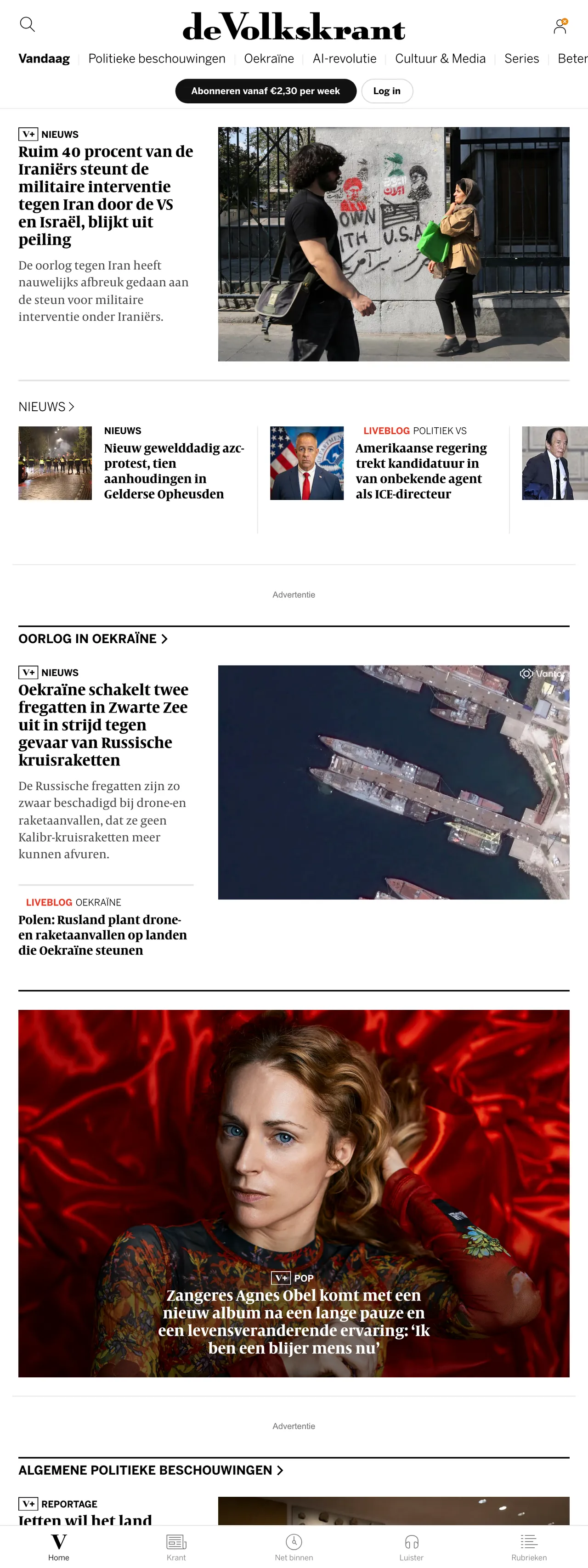 Screenshot of the de Volkskrant front page