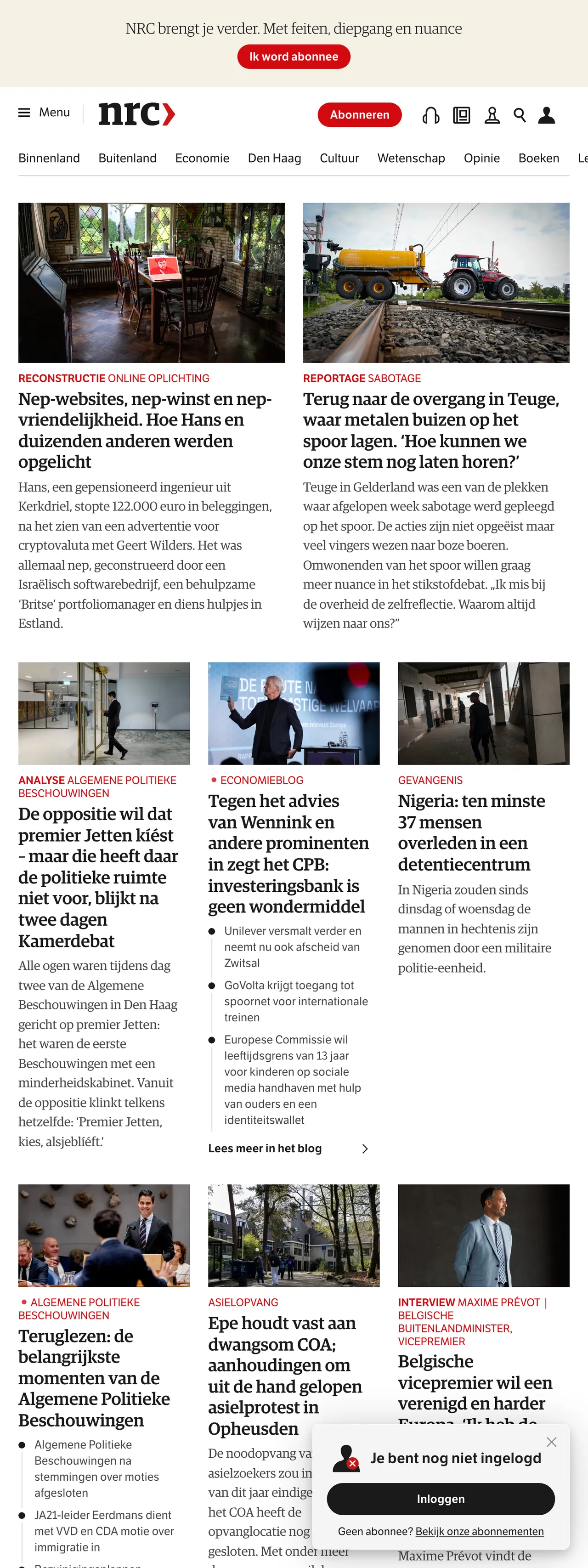Screenshot of the NRC front page