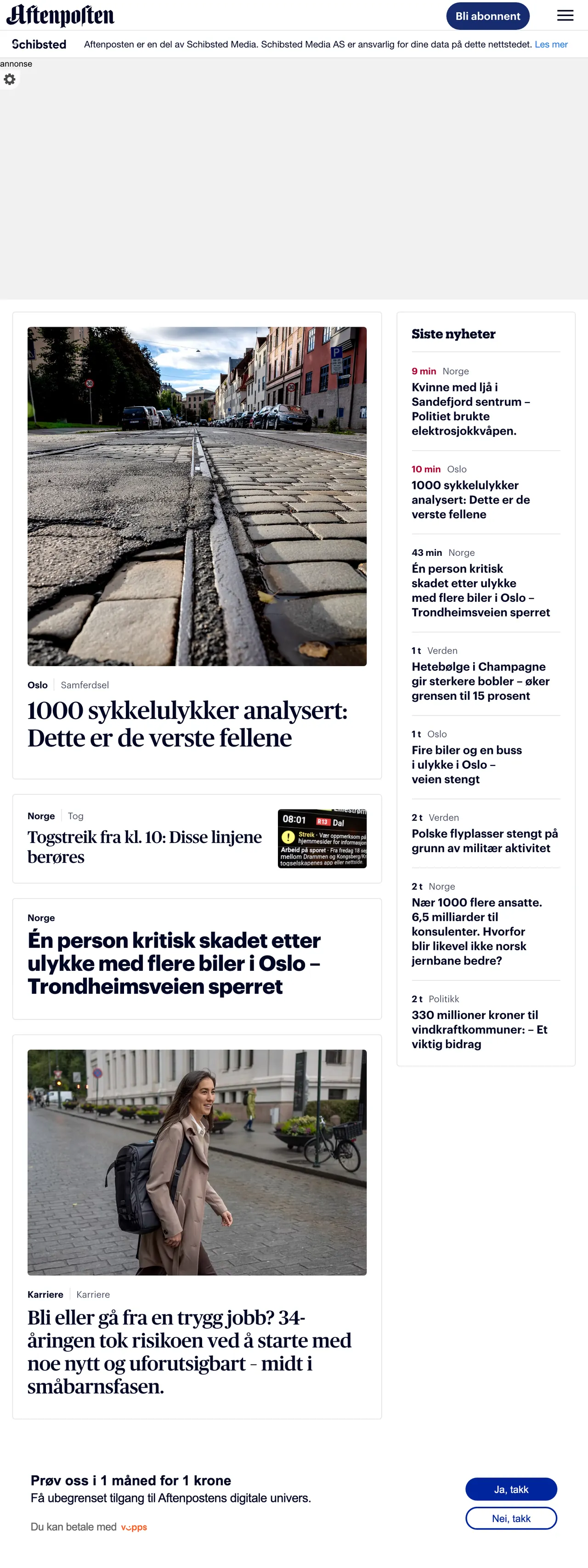 Screenshot of the Aftenposten front page