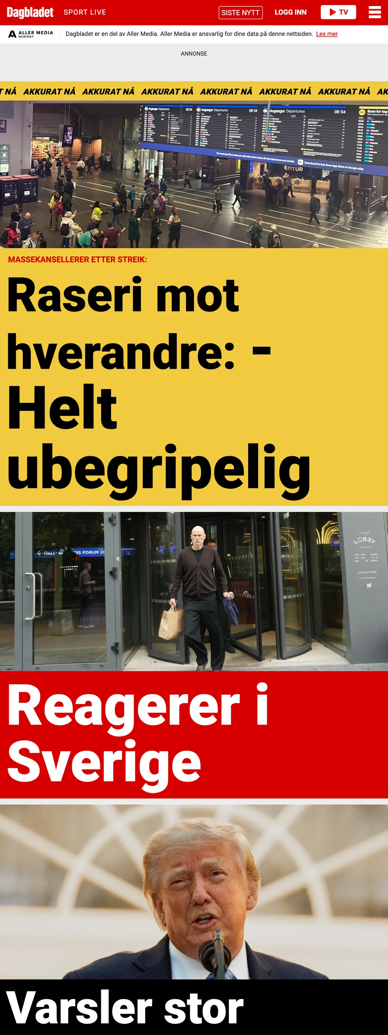 Screenshot of the Dagbladet front page