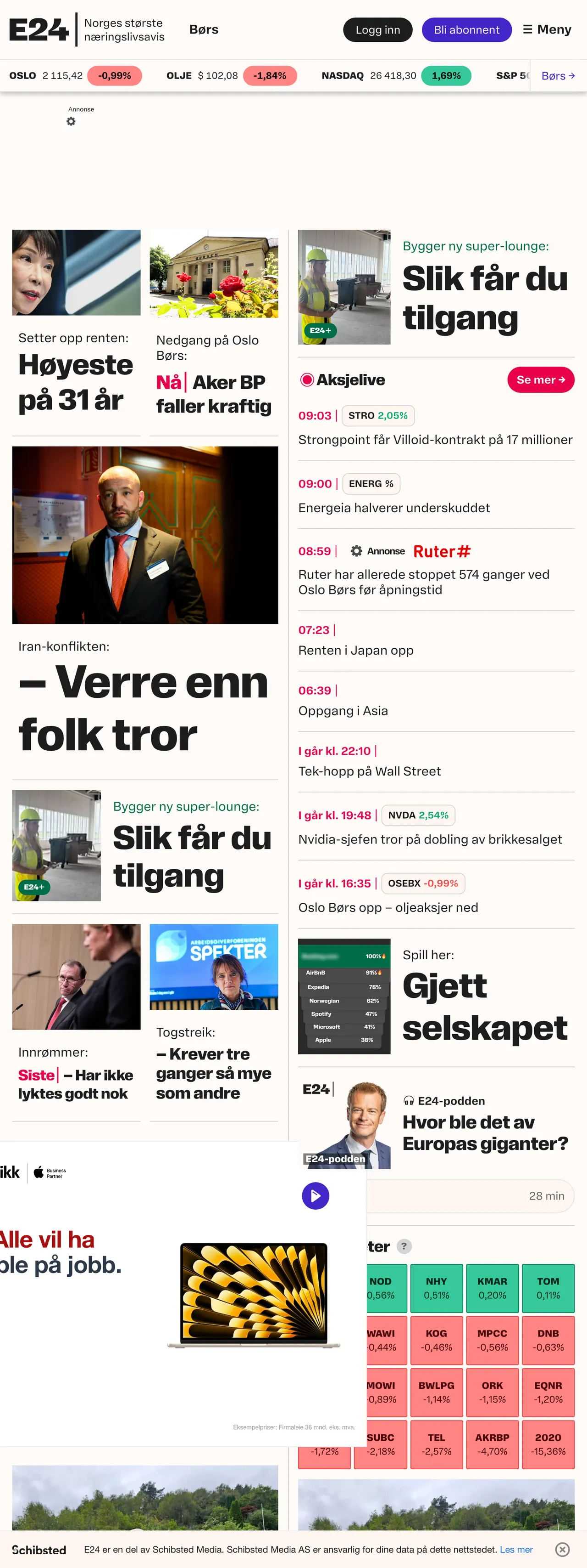 Screenshot of the E24 front page
