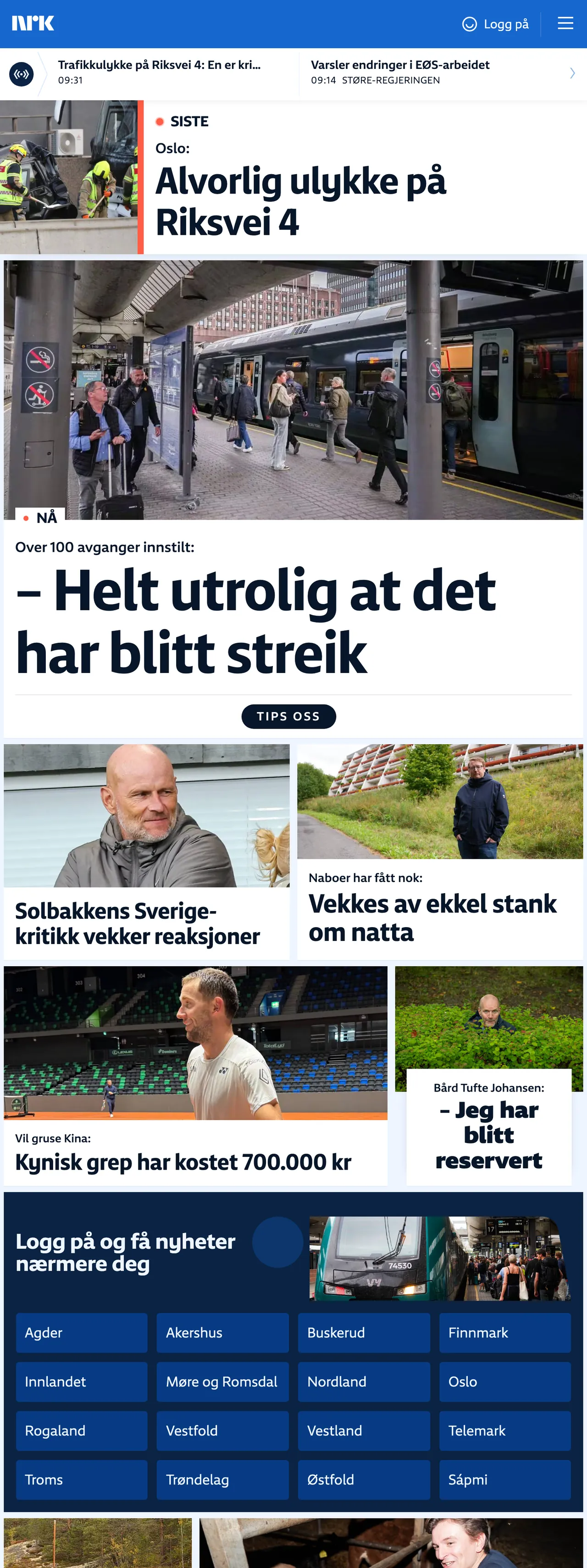 Screenshot of the NRK front page