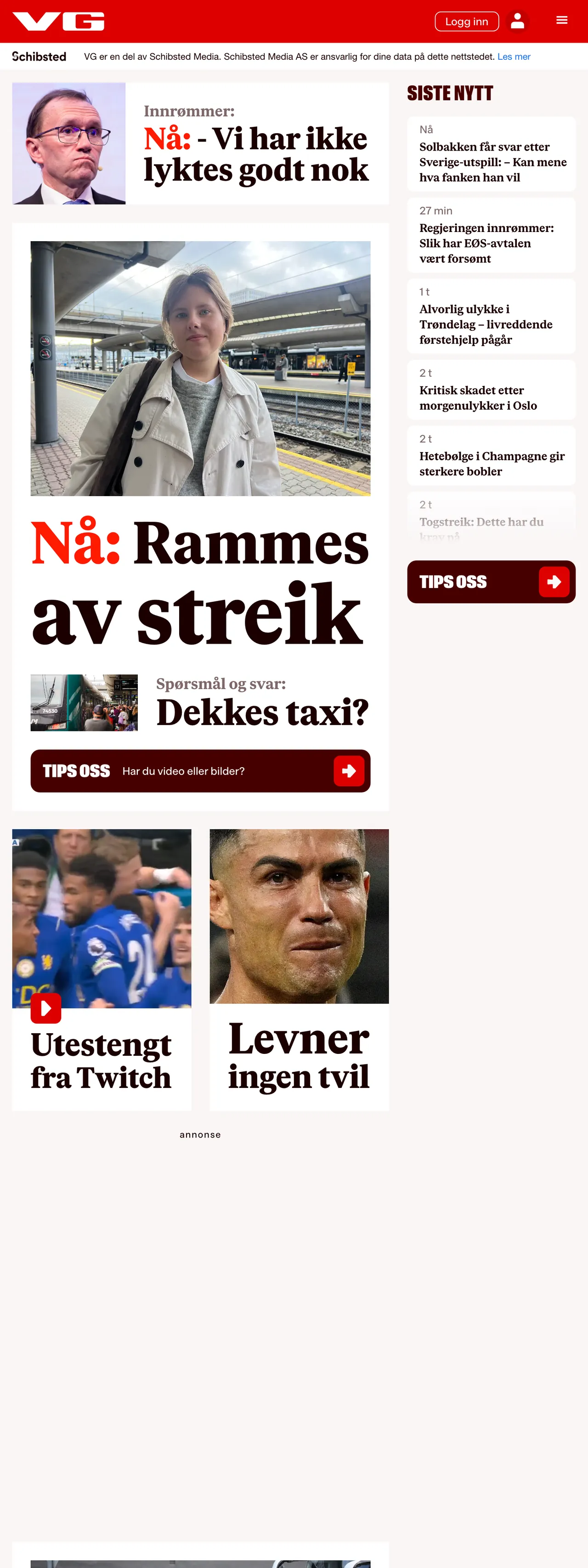 Screenshot of the VG front page