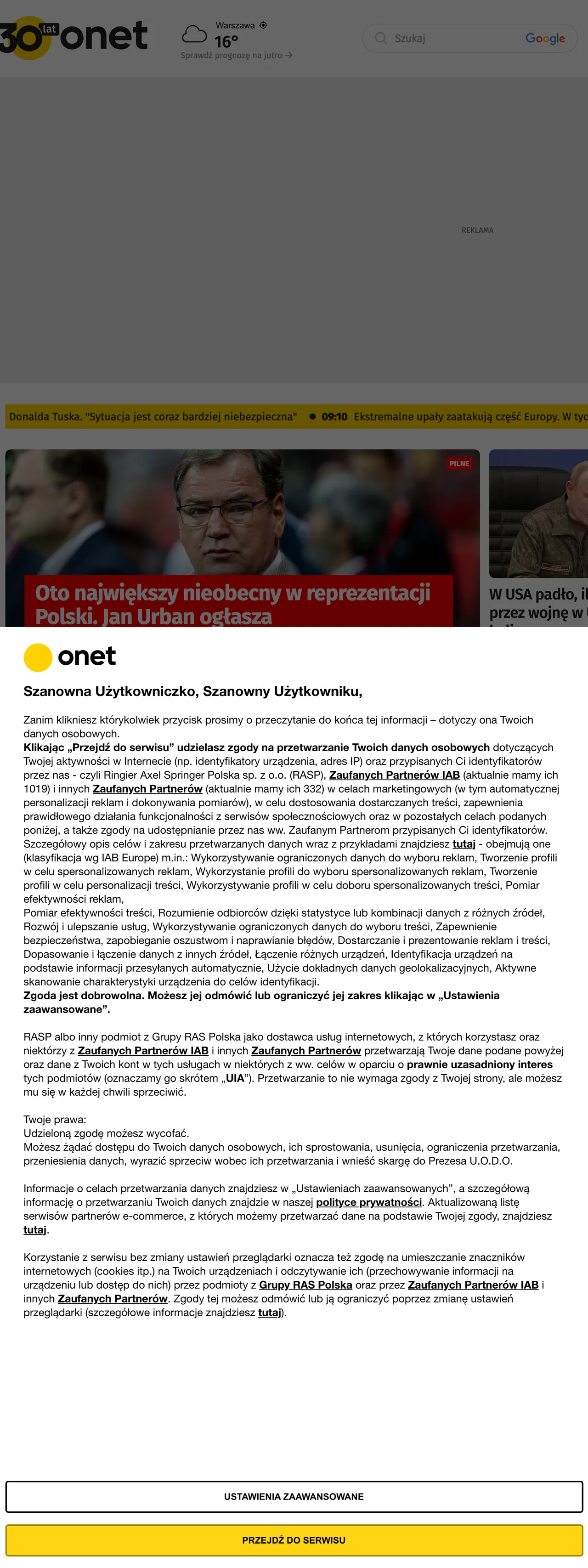 Screenshot of the Onet front page