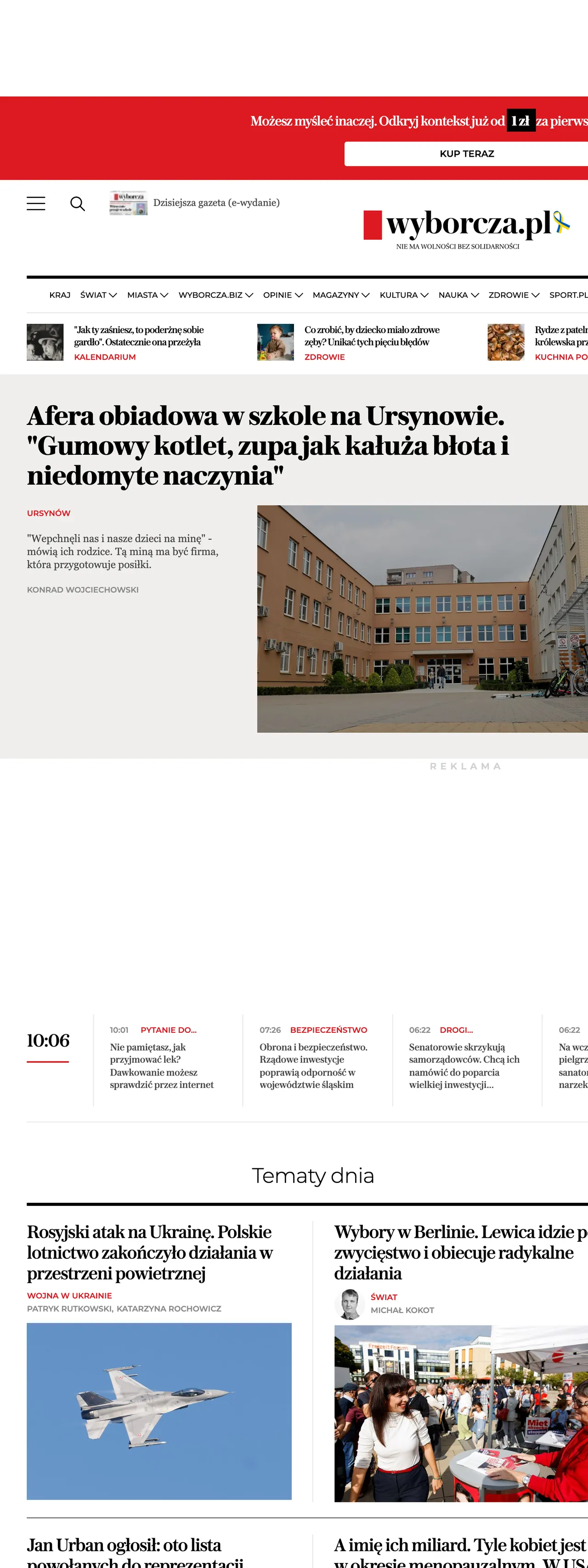 Screenshot of the Wyborcza front page