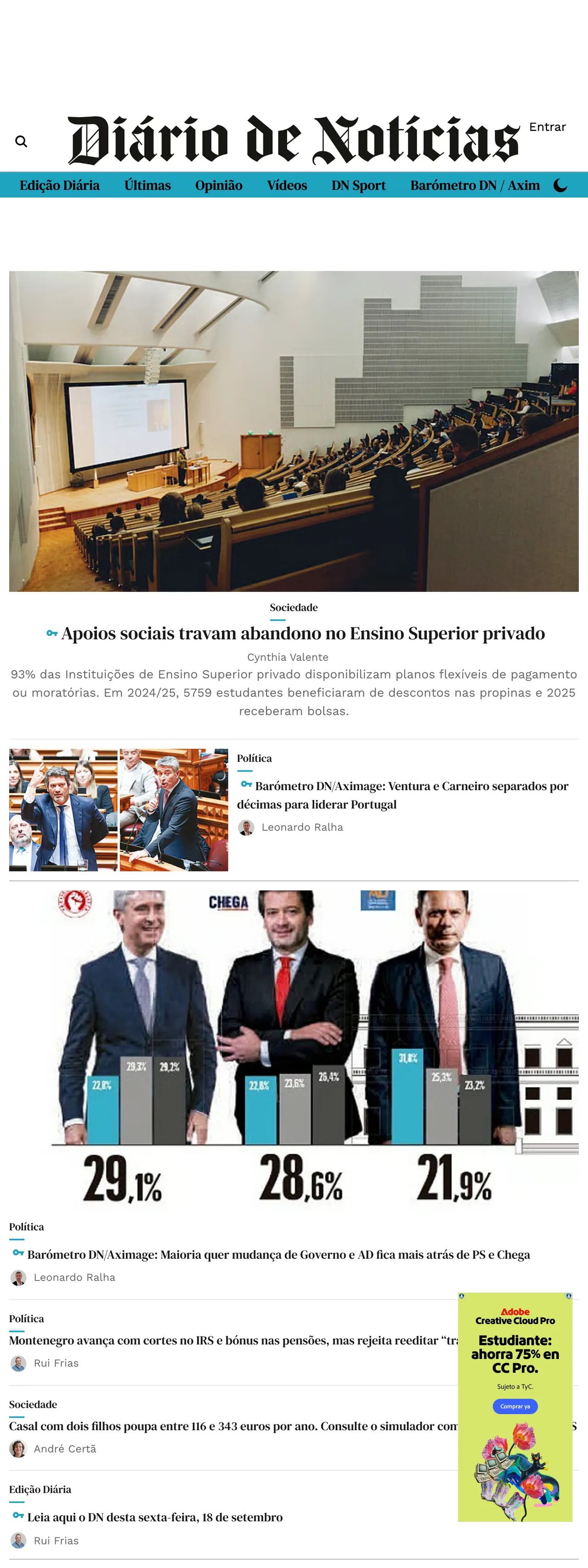 Screenshot of the Diário de Notícias front page