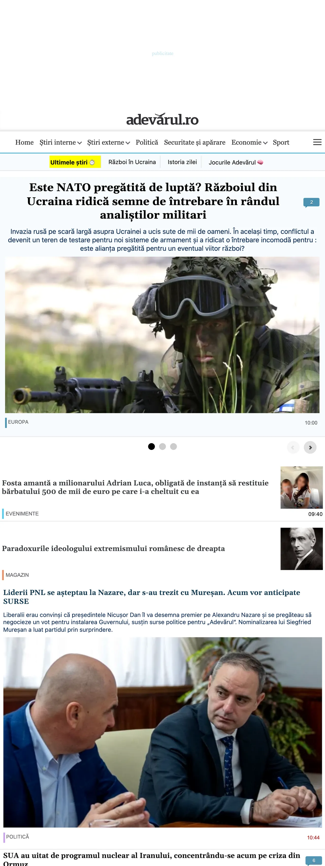 Screenshot of the Adevărul front page