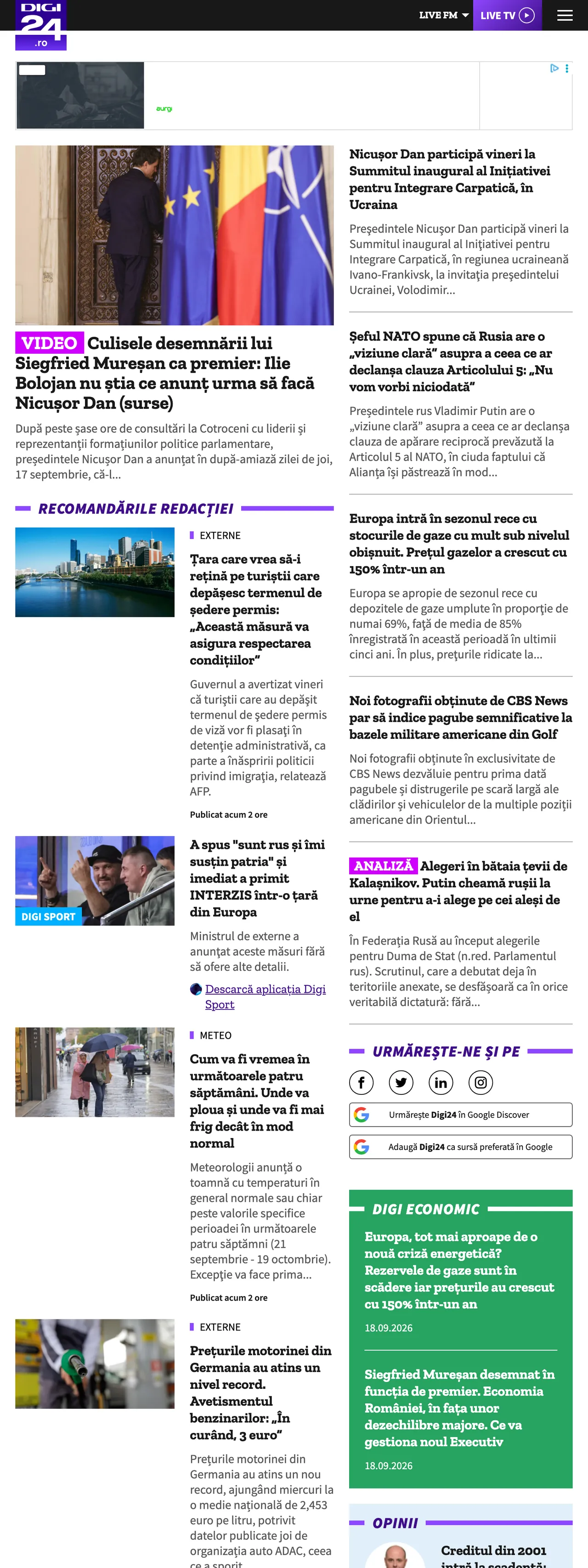 Screenshot of the Digi24 front page