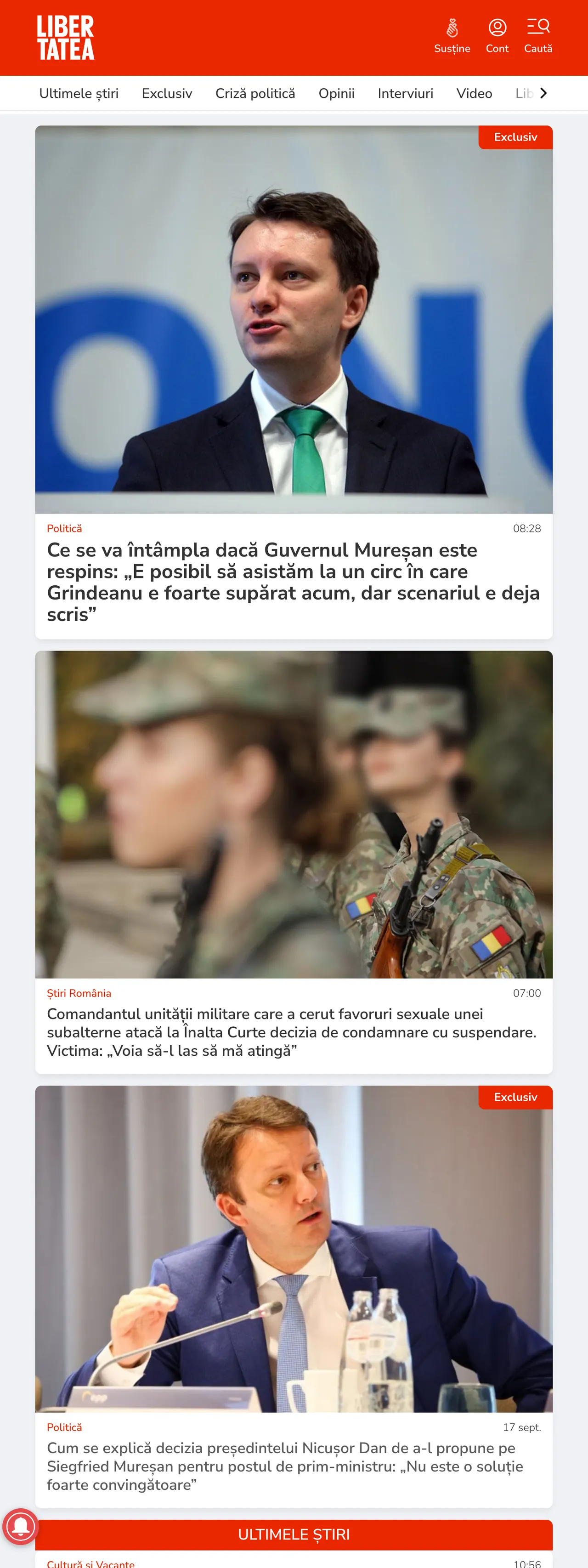 Screenshot of the Libertatea front page