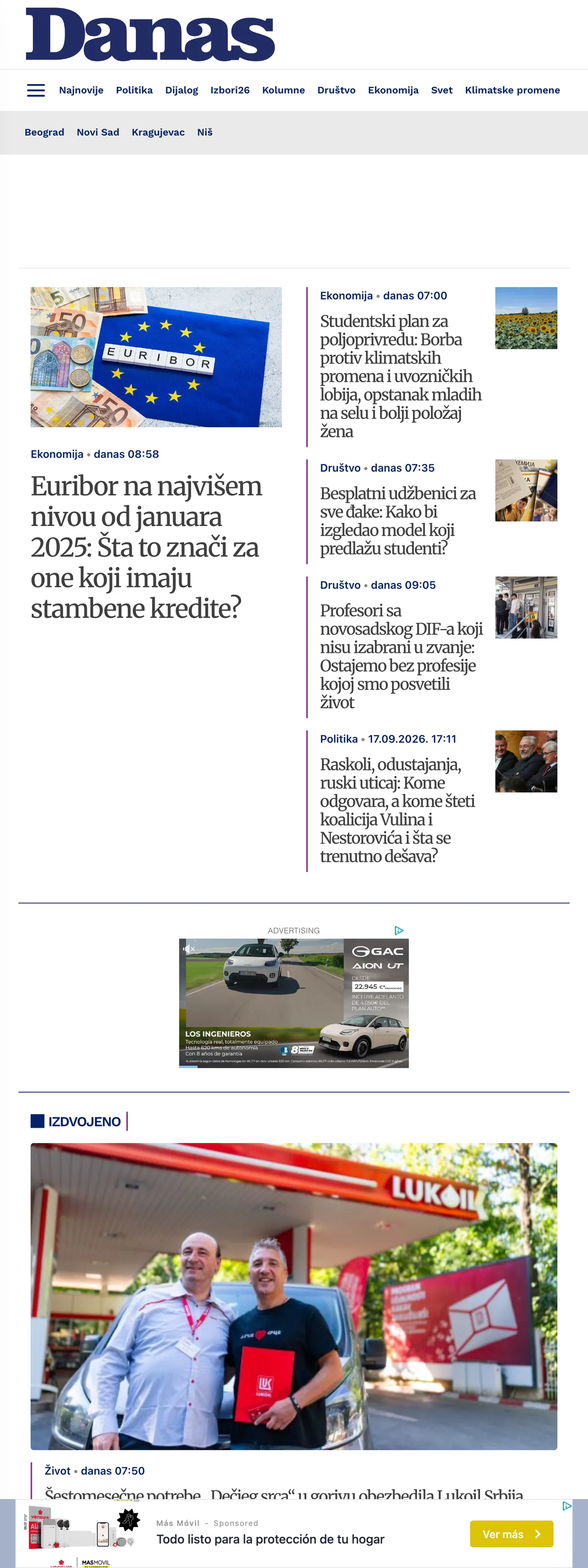 Screenshot of the Danas front page