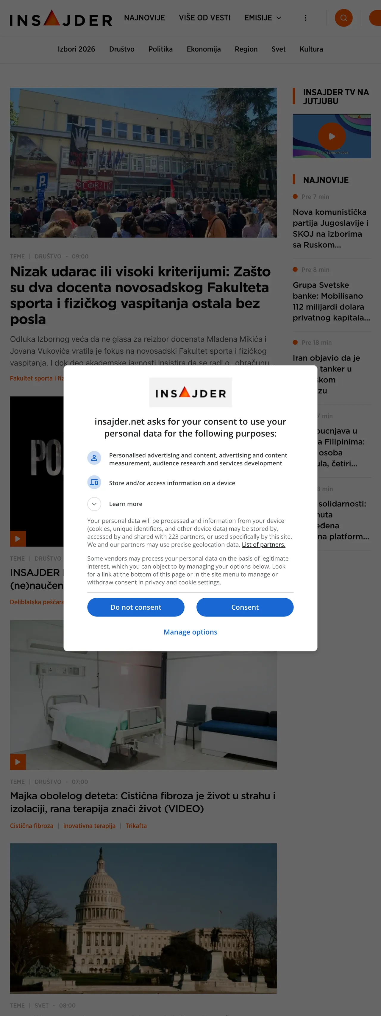 Screenshot of the Insajder front page
