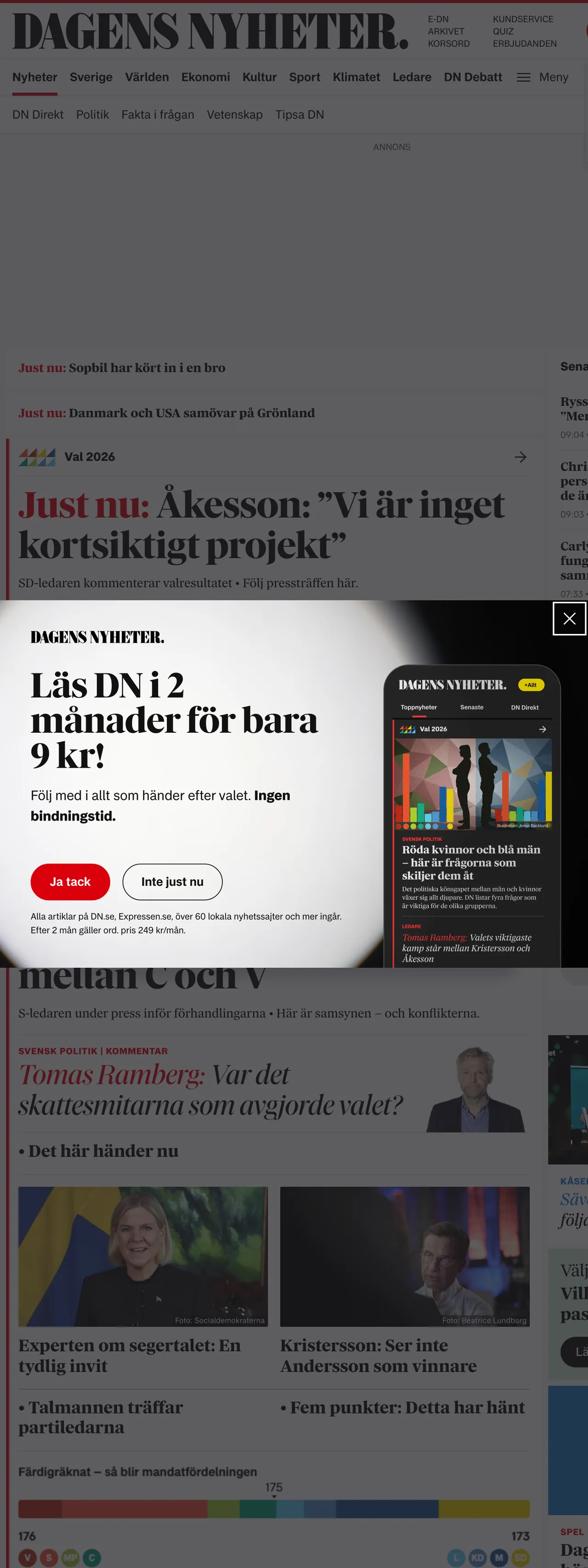 Screenshot of the Dagens Nyheter front page