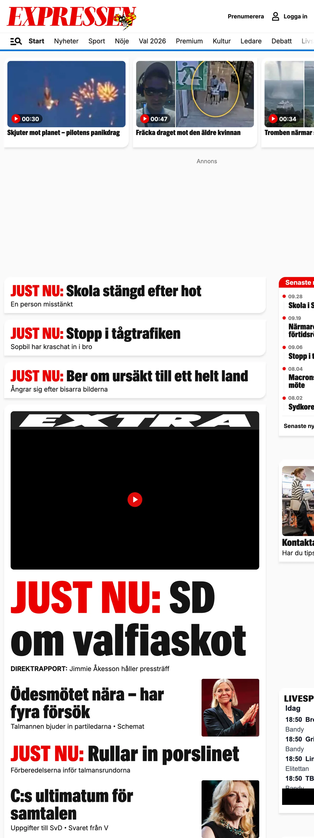 Screenshot of the Expressen front page