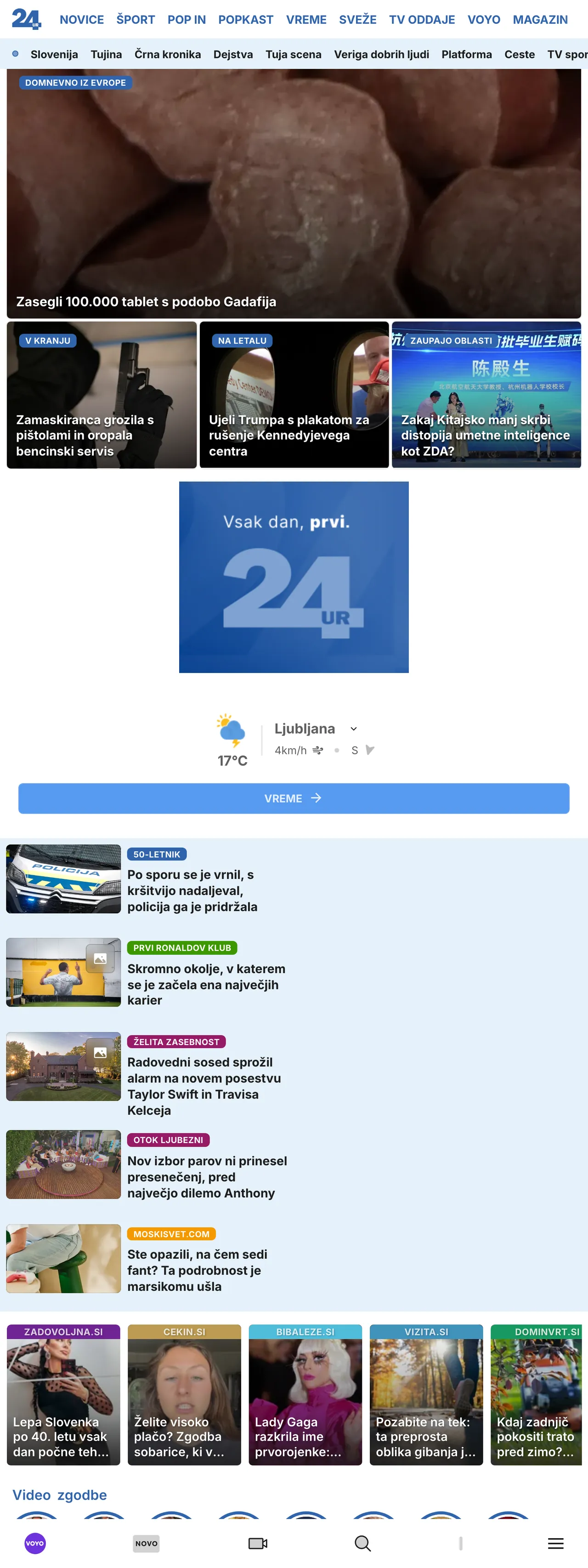 Screenshot of the 24ur front page