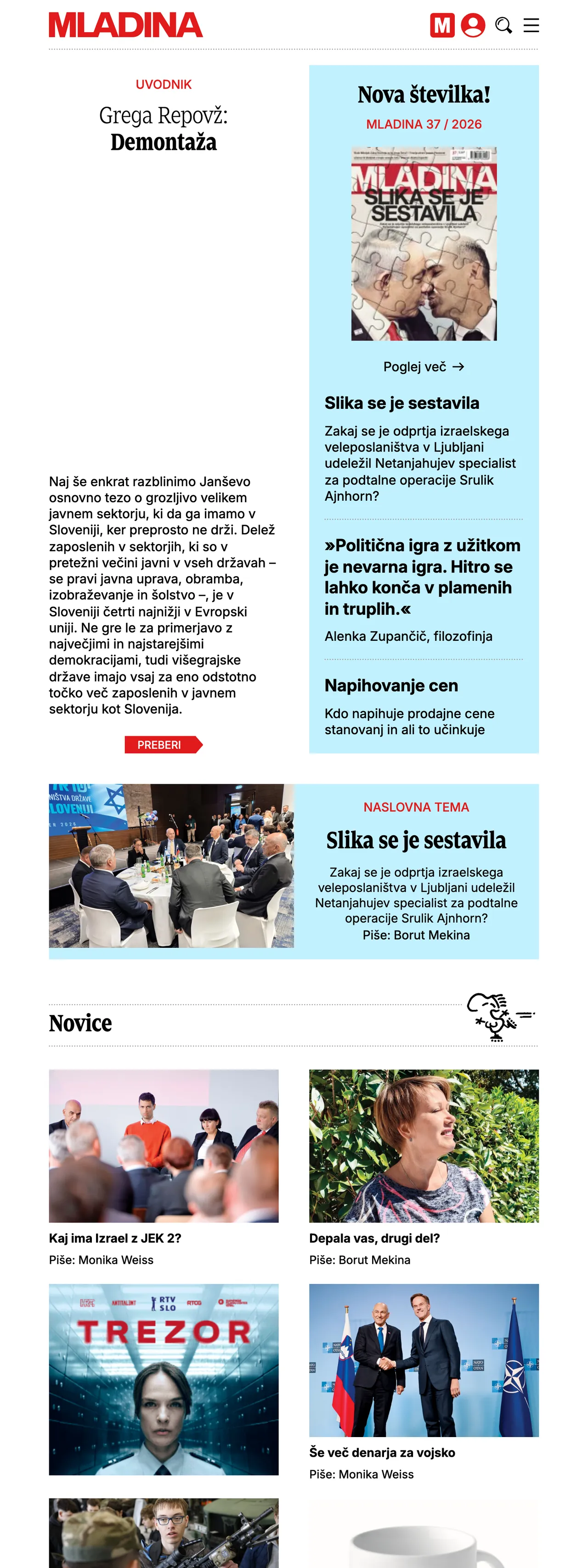 Screenshot of the Mladina front page